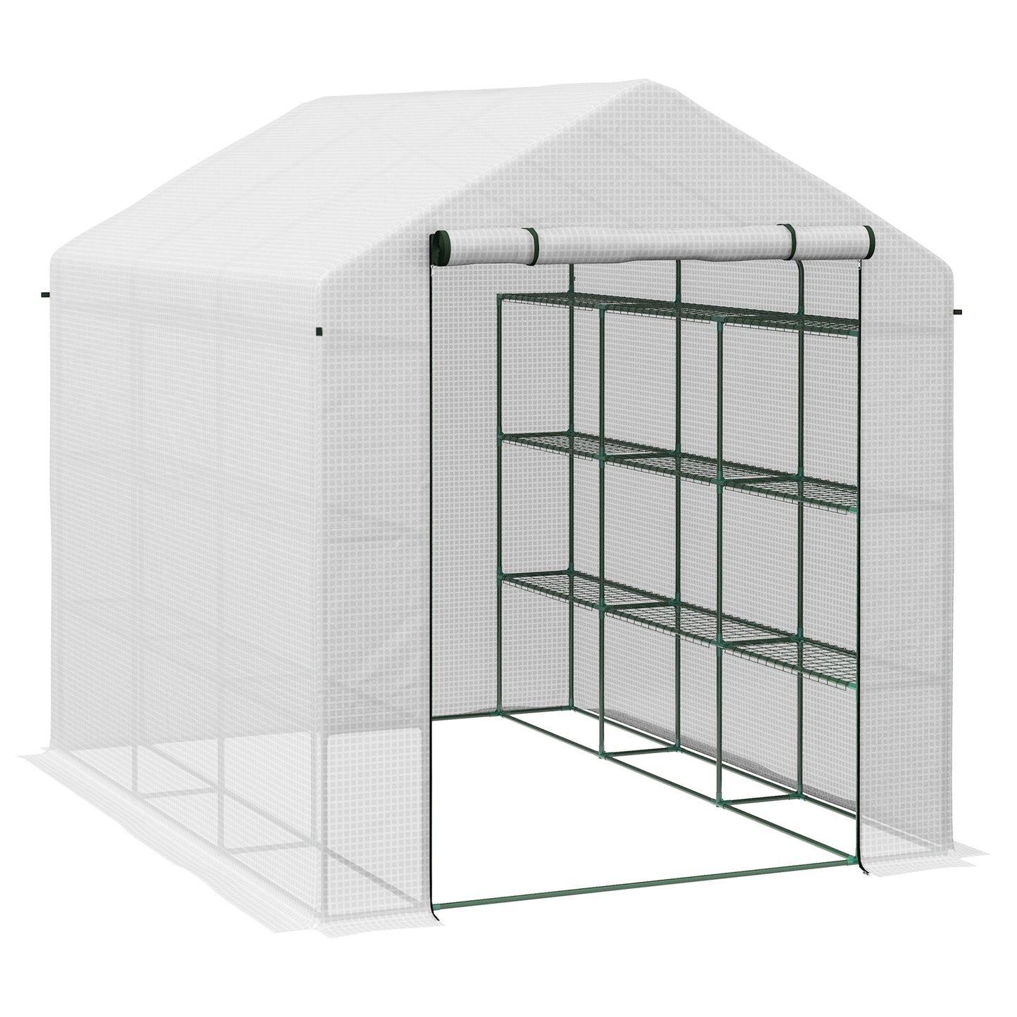 Walk-in Greenhouse with 4 Tier 24 Shelves, Portable Grow House with Roll-up Zipped Door, 244 x 180 x 210 cm, White