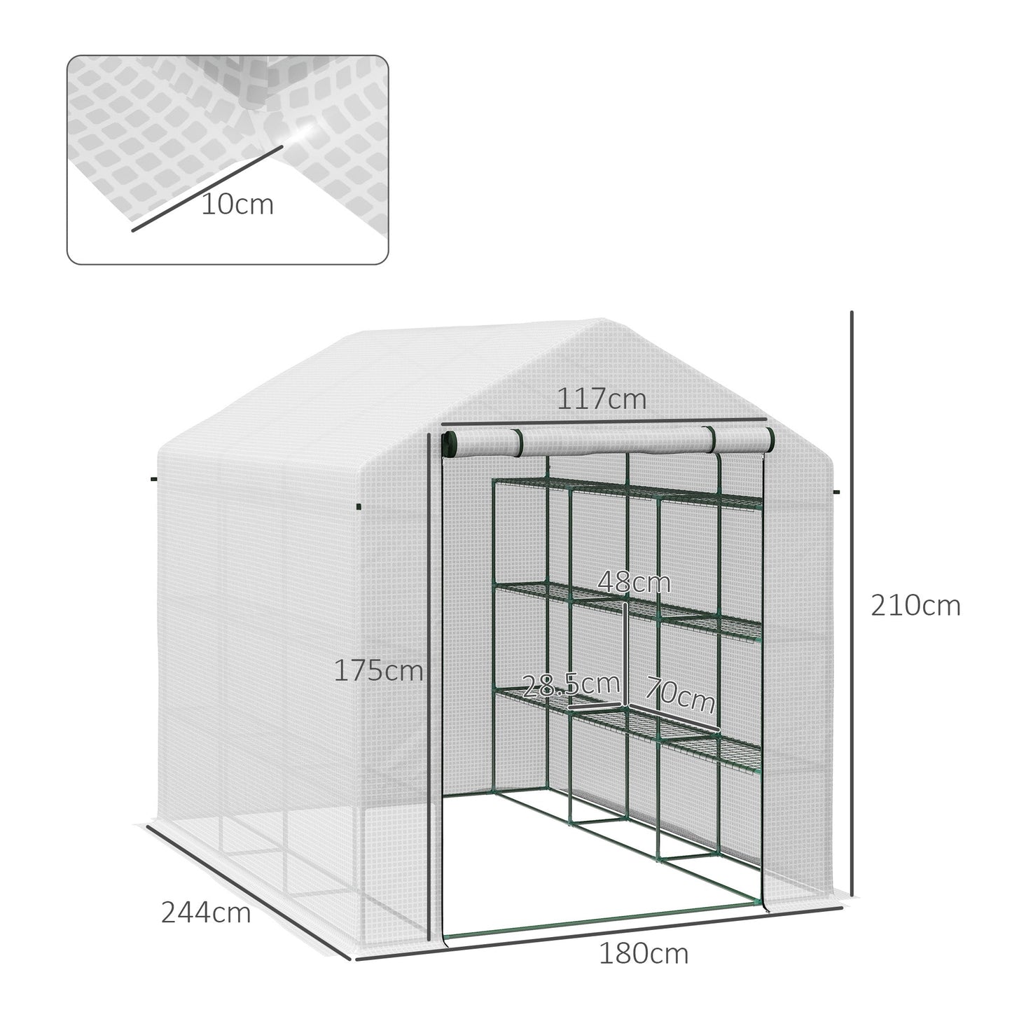 Walk-in Greenhouse with 4 Tier 24 Shelves, Portable Grow House with Roll-up Zipped Door, 244 x 180 x 210 cm, White