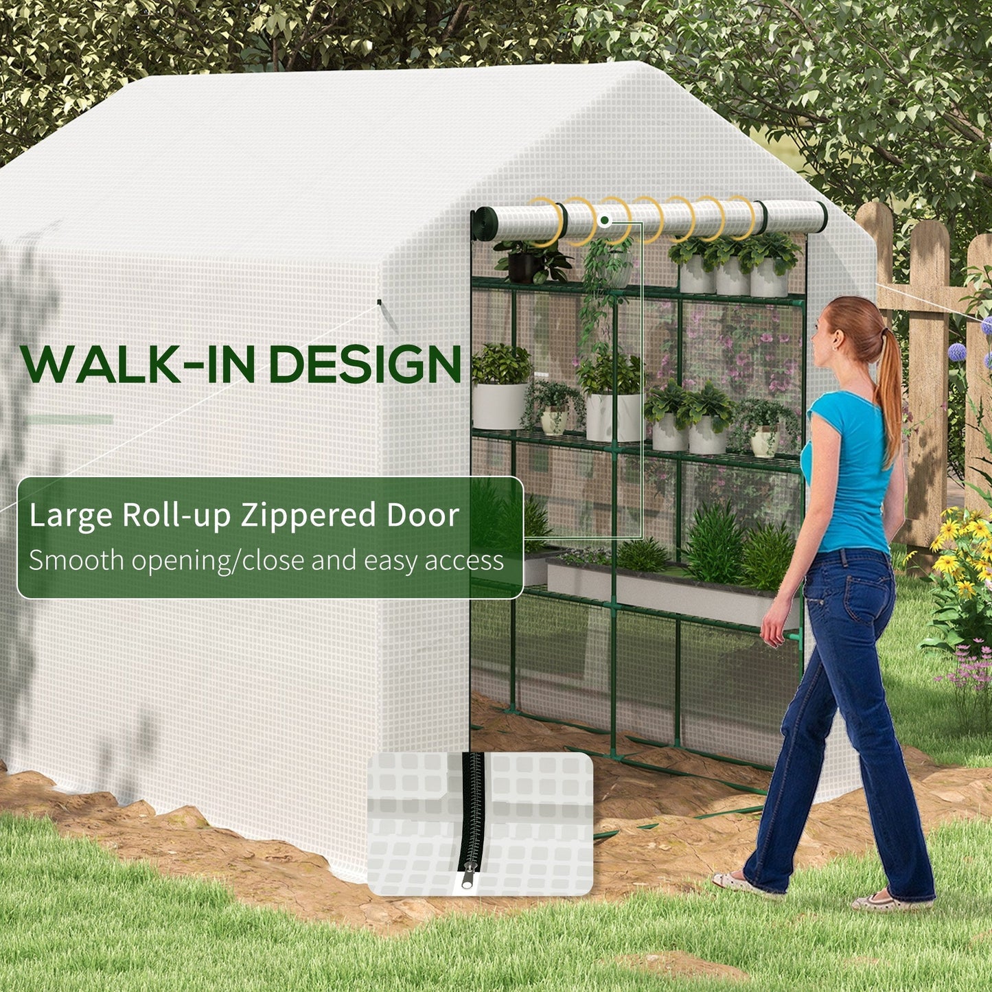 Walk-in Greenhouse with 4 Tier 24 Shelves, Portable Grow House with Roll-up Zipped Door, 244 x 180 x 210 cm, White