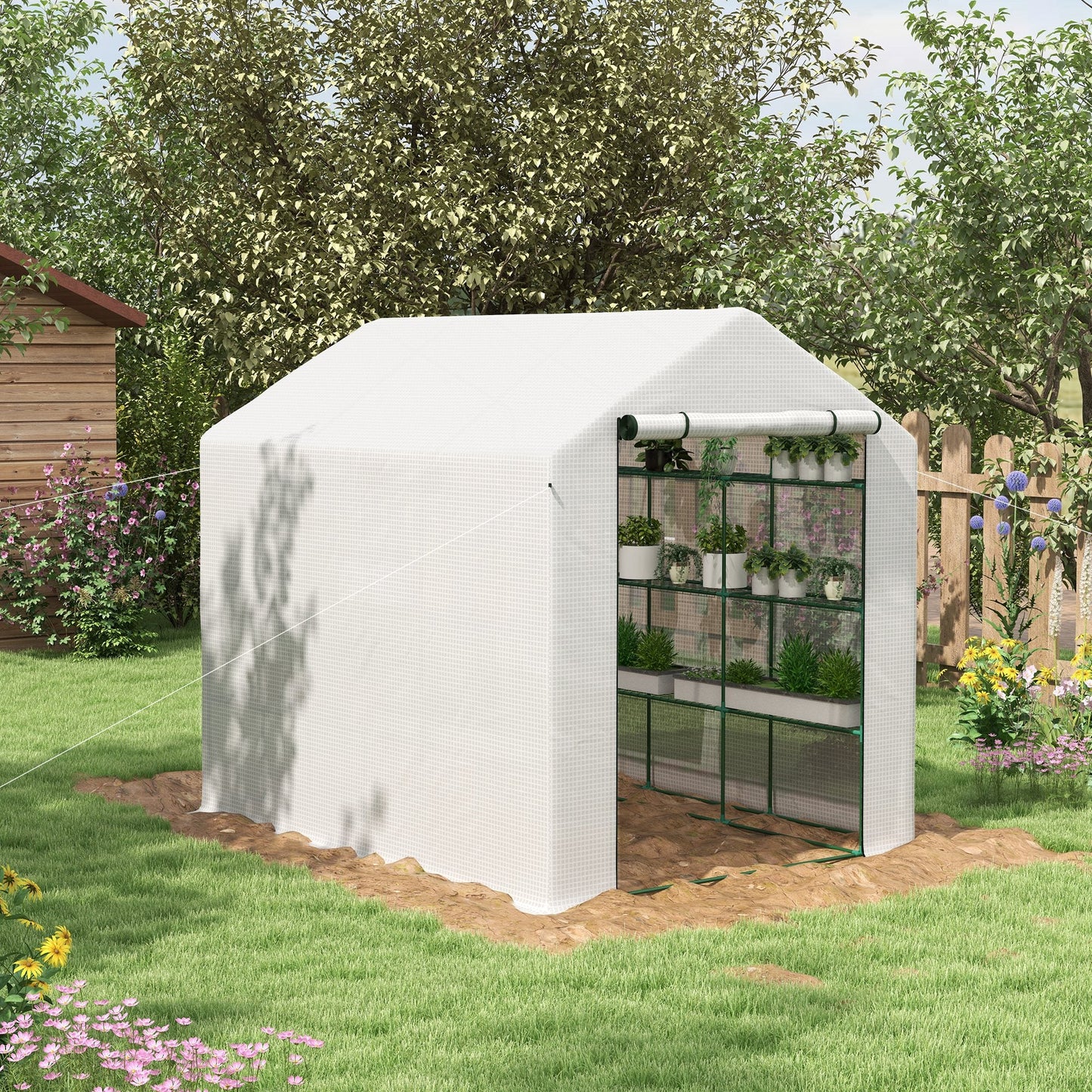 Walk-in Greenhouse with 4 Tier 24 Shelves, Portable Grow House with Roll-up Zipped Door, 244 x 180 x 210 cm, White