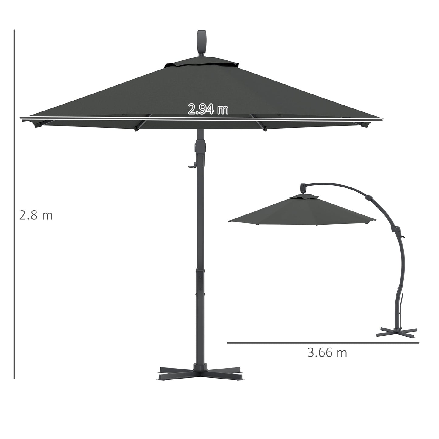 3(m) Garden Cantilever Parasol, Round Overhanging Umbrella with Crank Handle, Cross Base, Aluminium Frame and 360° Rotation, Banana Patio Umbrella for Outdoor Sun Shade, Grey