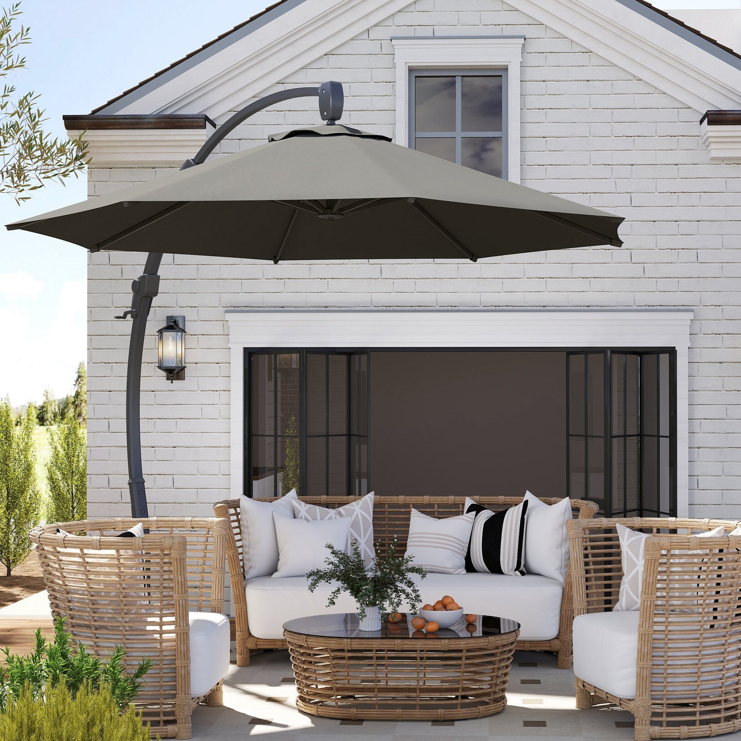 3(m) Garden Cantilever Parasol, Round Overhanging Umbrella with Crank Handle, Cross Base, Aluminium Frame and 360° Rotation, Banana Patio Umbrella for Outdoor Sun Shade, Grey