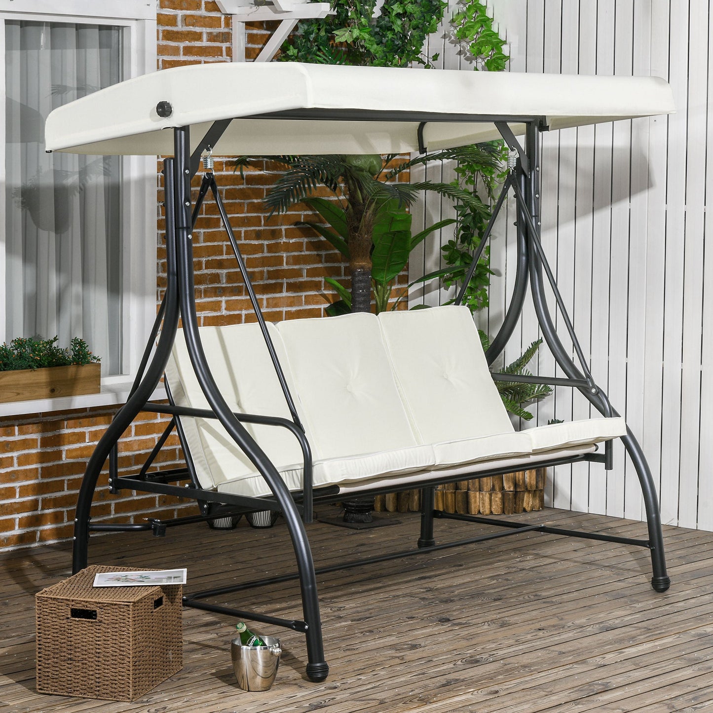 3 Seater Canopy Swing Chair, 2 in 1 Garden Swing Seat Bed, with Adjustable Canopy and Metal Frame, Cream White