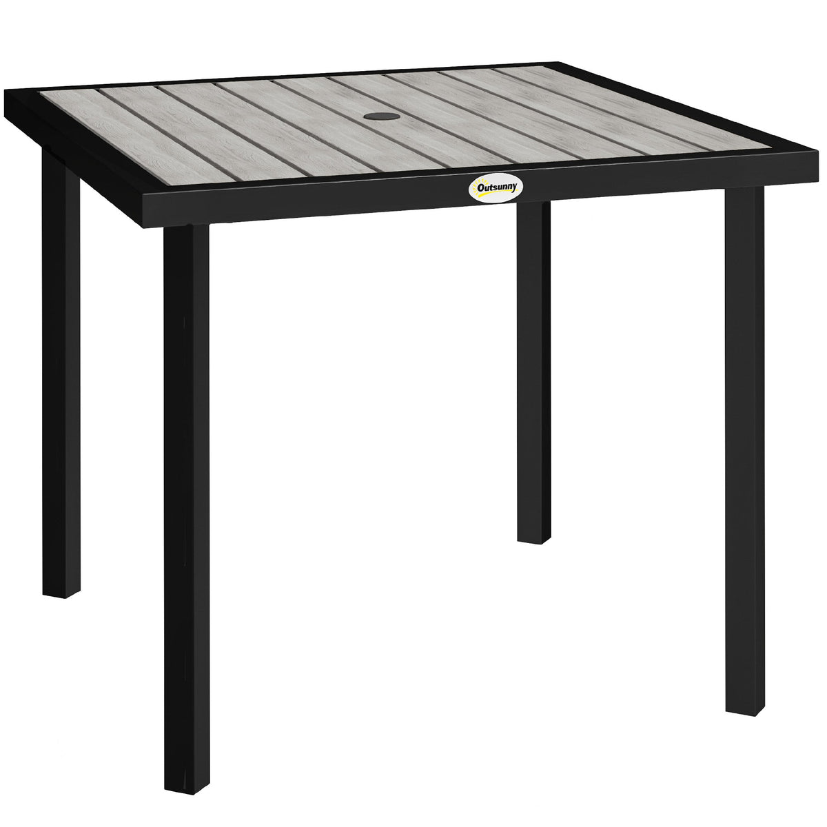 Garden Table for 4 Person, Square 86 x 86 x 71cm Patio Outdoor Dining Table with 5.4cm Parasol Hole, Easy Clean Slatted Top, Metal Frame, for Balcony, Deck, Light Grey