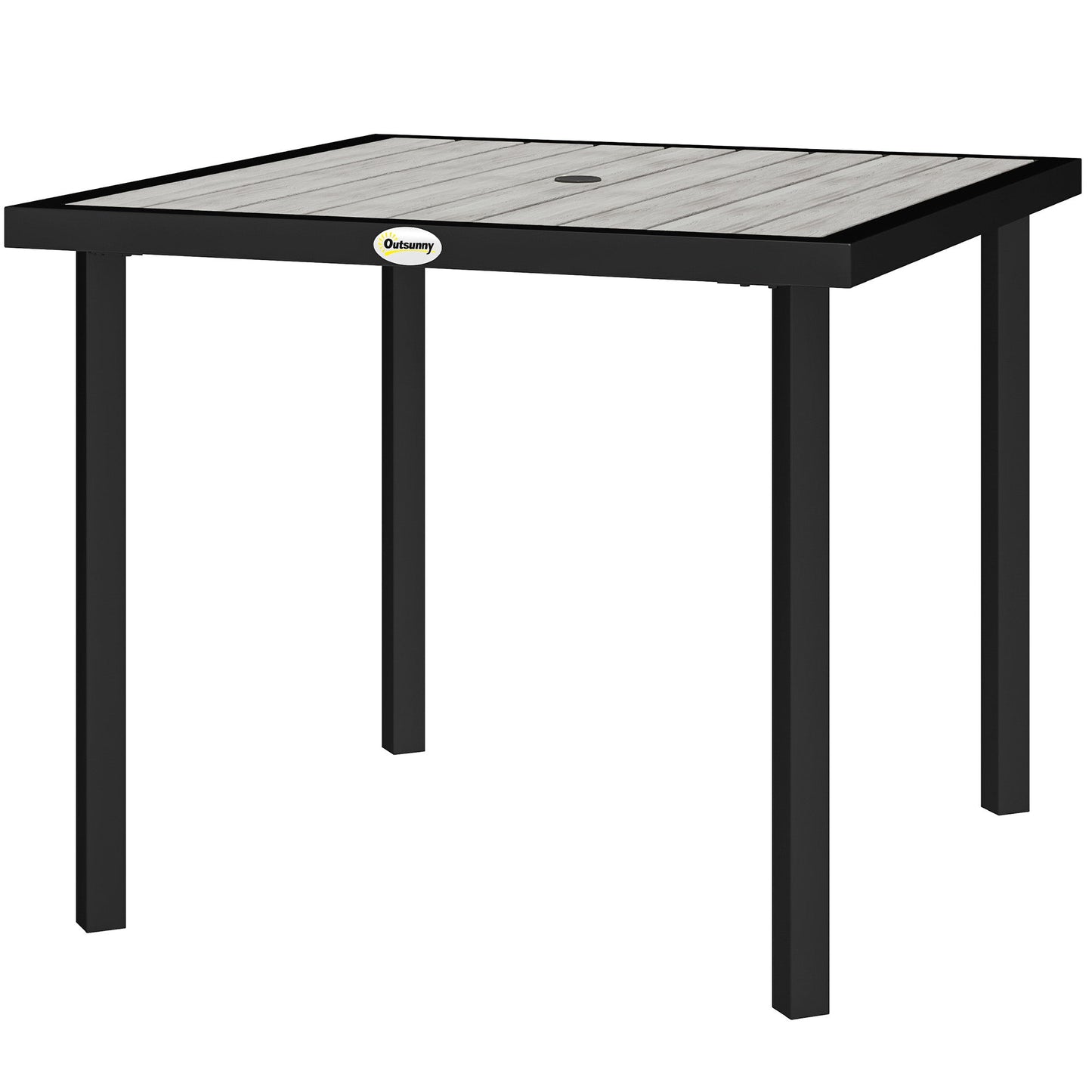 Garden Table for 4 Person, Square 86 x 86 x 71cm Patio Outdoor Dining Table with 5.4cm Parasol Hole, Easy Clean Slatted Top, Metal Frame, for Balcony, Deck, Light Grey