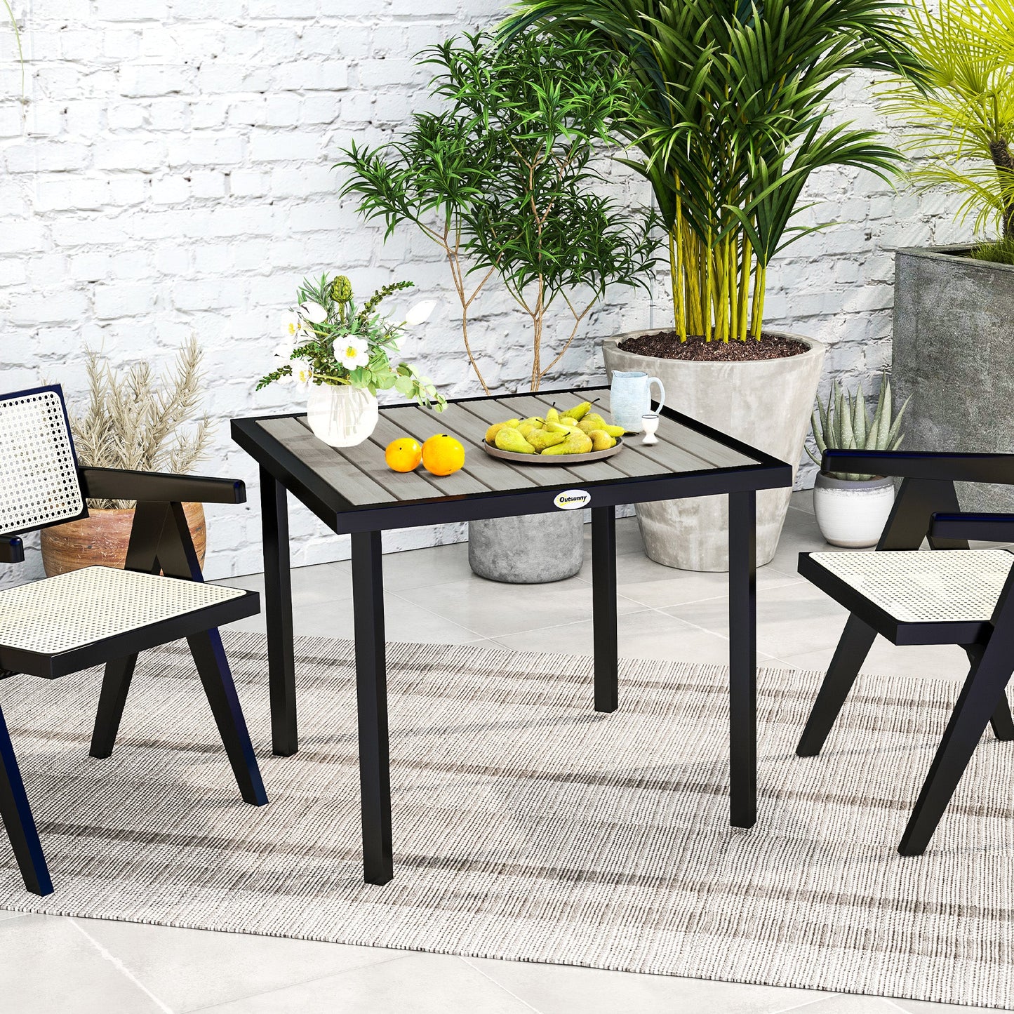 Garden Table for 4 Person, Square 86 x 86 x 71cm Patio Outdoor Dining Table with 5.4cm Parasol Hole, Easy Clean Slatted Top, Metal Frame, for Balcony, Deck, Light Grey