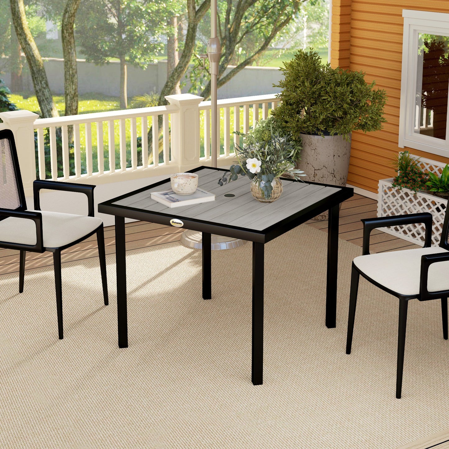 Garden Table for 4 Person, Square 86 x 86 x 71cm Patio Outdoor Dining Table with 5.4cm Parasol Hole, Easy Clean Slatted Top, Metal Frame, for Balcony, Deck, Light Grey