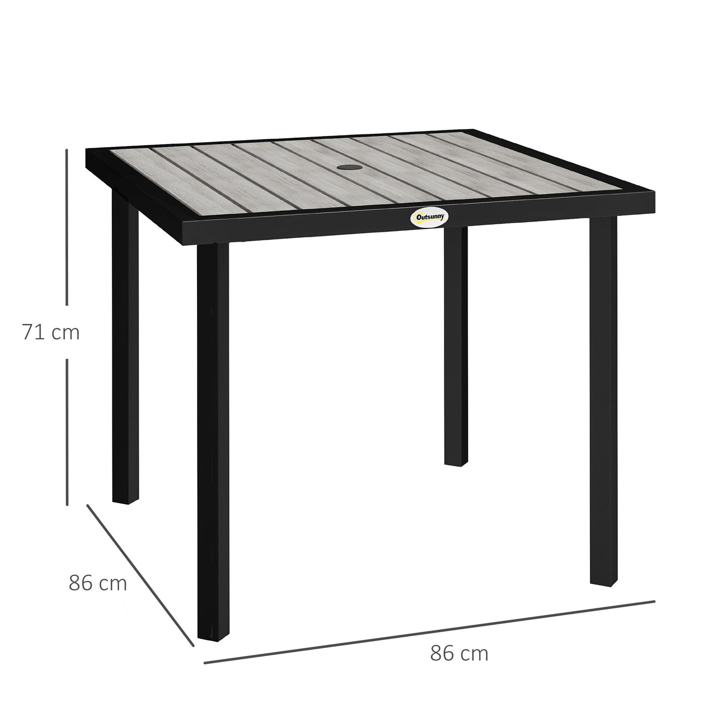 Garden Table for 4 Person, Square 86 x 86 x 71cm Patio Outdoor Dining Table with 5.4cm Parasol Hole, Easy Clean Slatted Top, Metal Frame, for Balcony, Deck, Light Grey