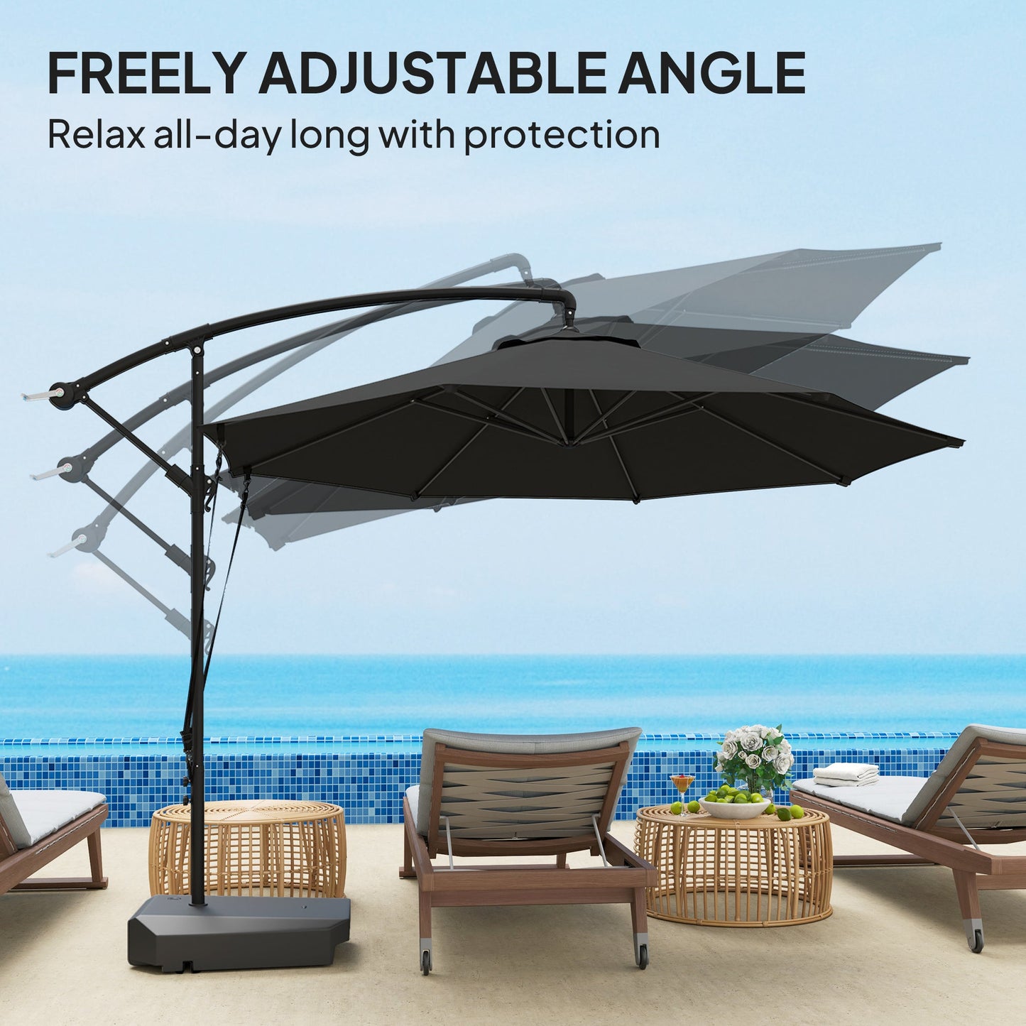 3(m) Garden Cantilever Parasol with Fillable Base, Wind Protection Strap, Cover, Round Banana Hanging Umbrella with Crank Handle and Tilt, Patio Umbrella for Outdoor Sun Shade, UPF50+, Grey