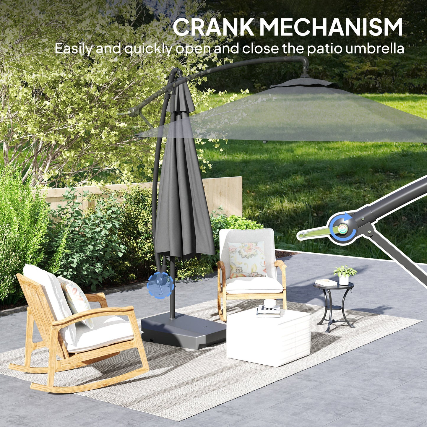 3(m) Garden Cantilever Parasol with Fillable Base, Wind Protection Strap, Cover, Round Banana Hanging Umbrella with Crank Handle and Tilt, Patio Umbrella for Outdoor Sun Shade, UPF50+, Grey