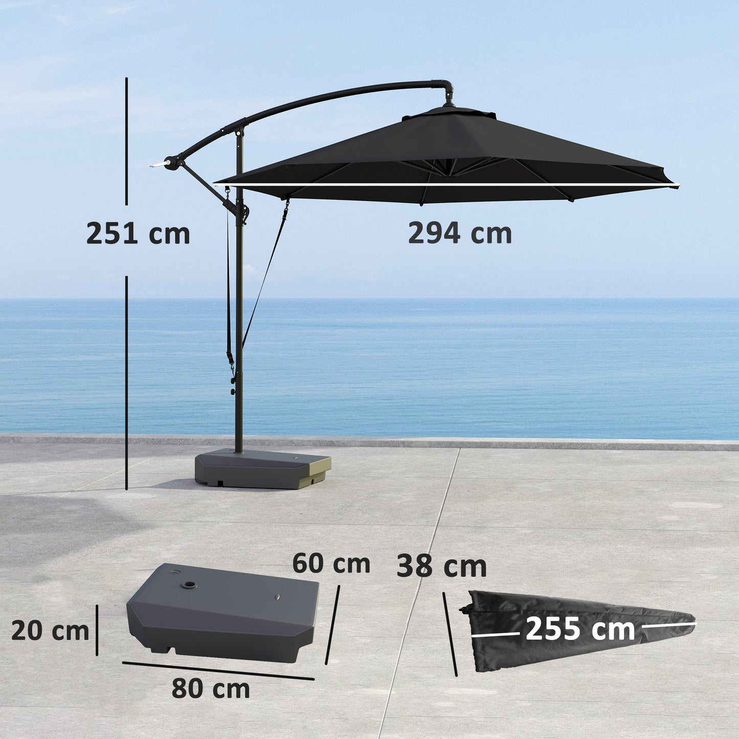 3(m) Garden Cantilever Parasol with Fillable Base, Wind Protection Strap, Cover, Round Banana Hanging Umbrella with Crank Handle and Tilt, Patio Umbrella for Outdoor Sun Shade, UPF50+, Grey