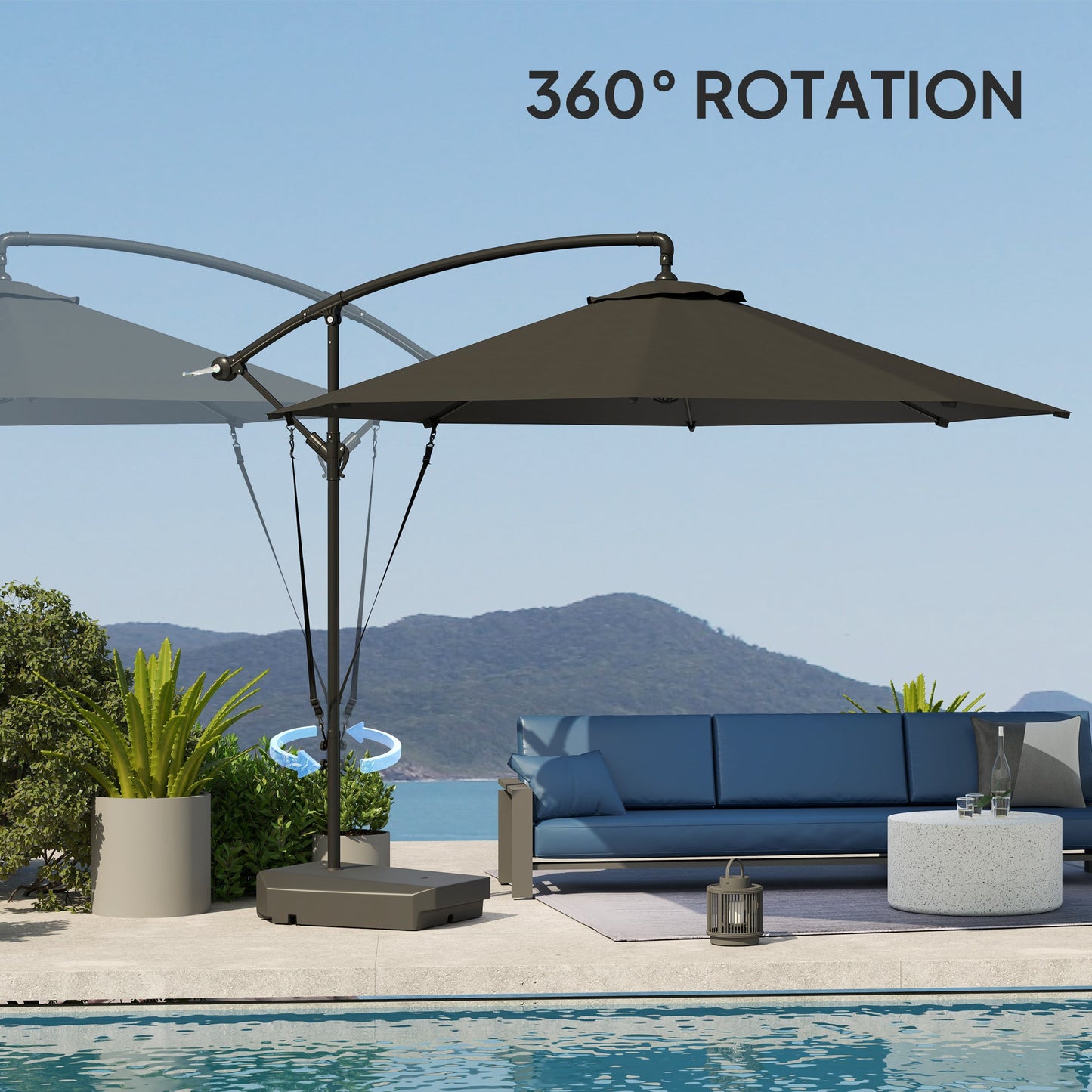 3(m) Garden Cantilever Parasol with Fillable Base, Wind Protection Strap, Cover, Round Banana Hanging Umbrella with Crank Handle and Tilt, Patio Umbrella for Outdoor Sun Shade, UPF50+, Grey