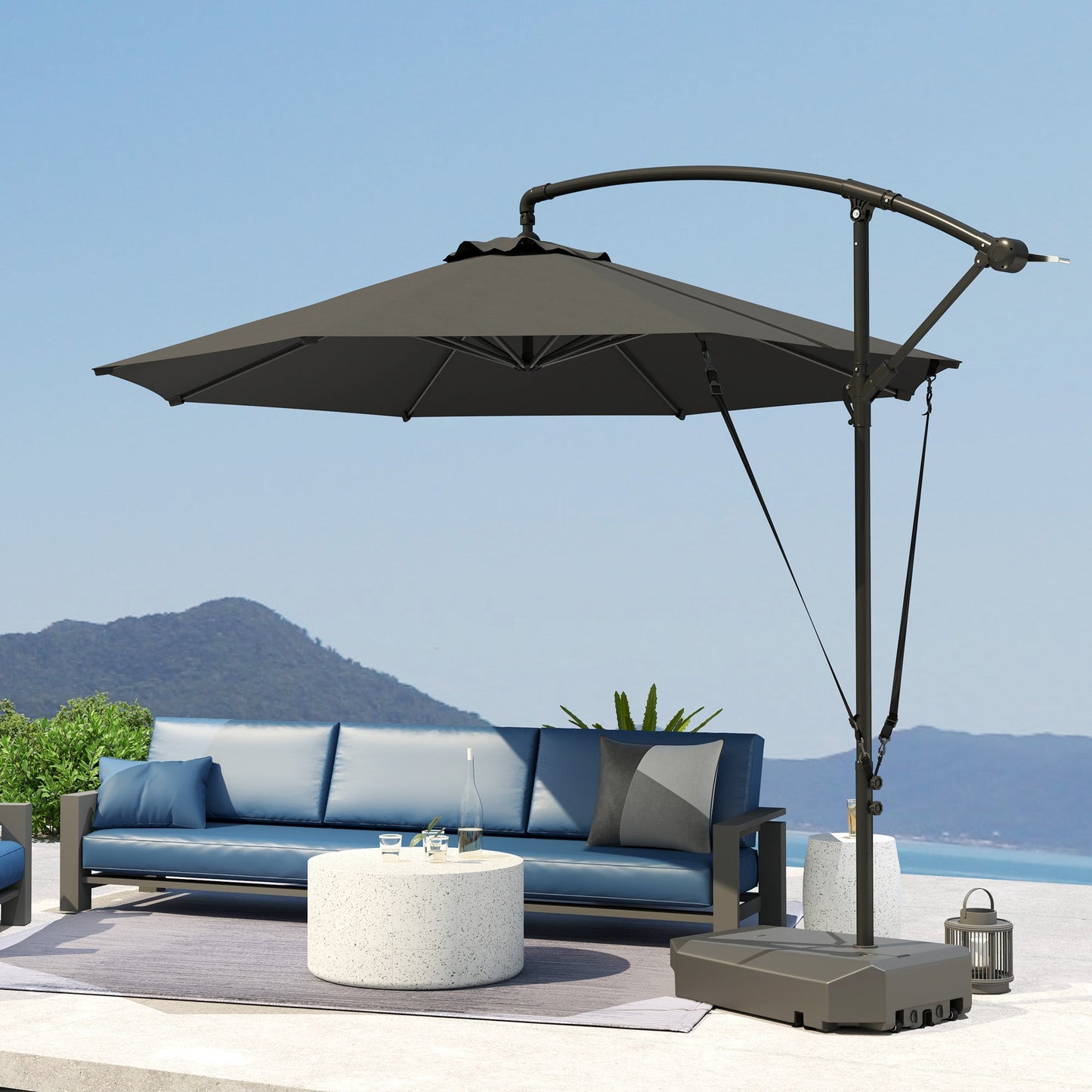 3(m) Garden Cantilever Parasol with Fillable Base, Wind Protection Strap, Cover, Round Banana Hanging Umbrella with Crank Handle and Tilt, Patio Umbrella for Outdoor Sun Shade, UPF50+, Grey