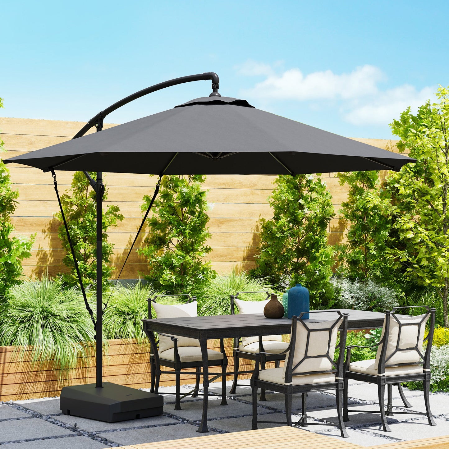 3(m) Garden Cantilever Parasol with Fillable Base, Wind Protection Strap, Cover, Round Banana Hanging Umbrella with Crank Handle and Tilt, Patio Umbrella for Outdoor Sun Shade, UPF50+, Grey