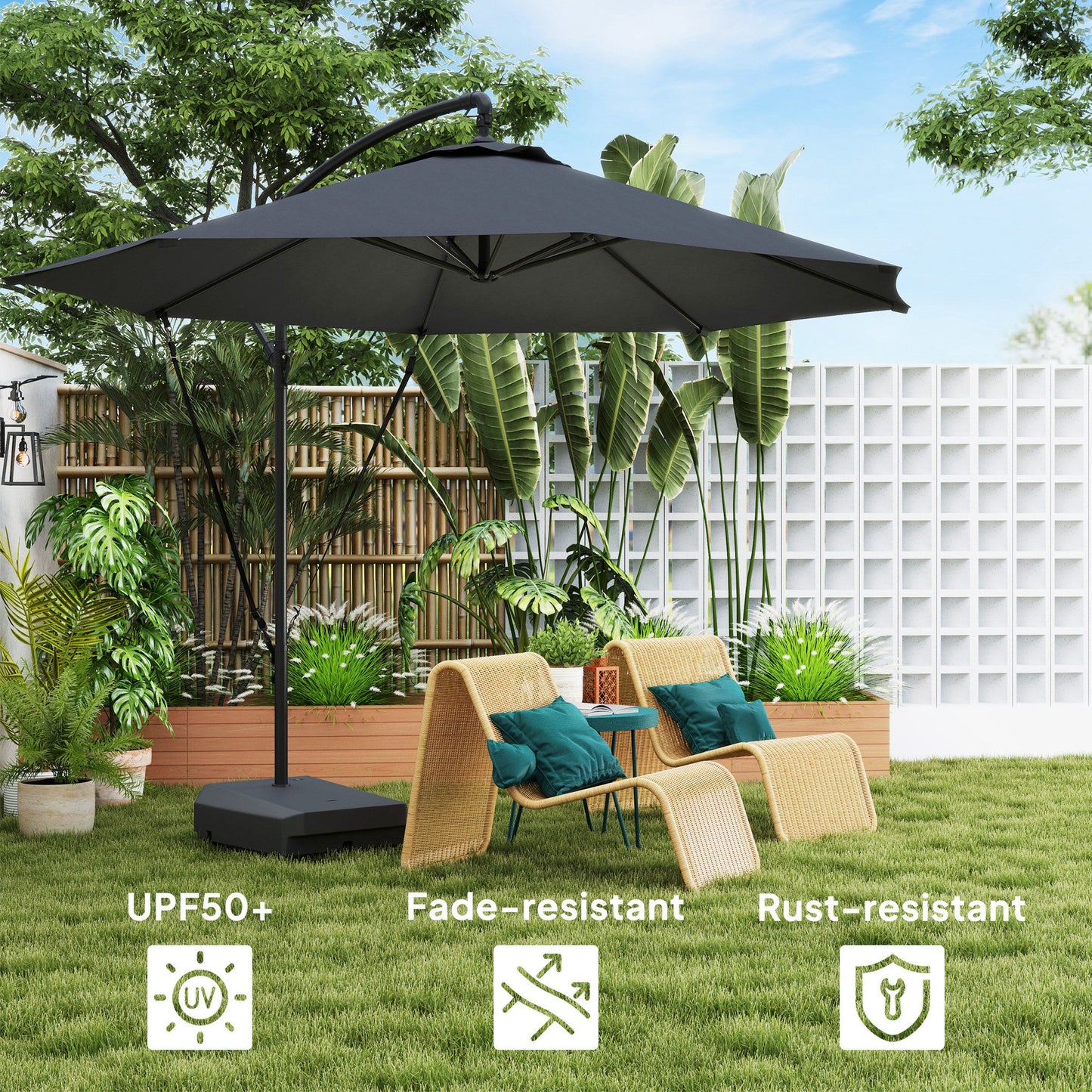 3(m) Garden Cantilever Parasol with Fillable Base, Wind Protection Strap, Cover, Round Banana Hanging Umbrella with Crank Handle and Tilt, Patio Umbrella for Outdoor Sun Shade, UPF50+, Grey