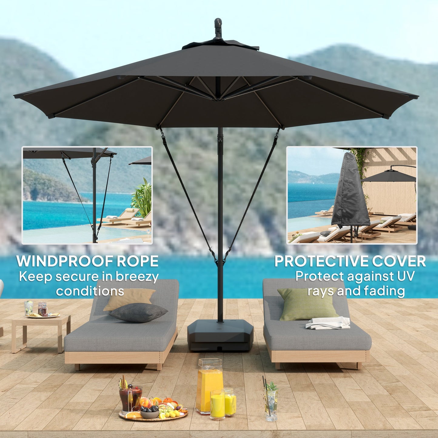 3(m) Garden Cantilever Parasol with Fillable Base, Wind Protection Strap, Cover, Round Banana Hanging Umbrella with Crank Handle and Tilt, Patio Umbrella for Outdoor Sun Shade, UPF50+, Grey