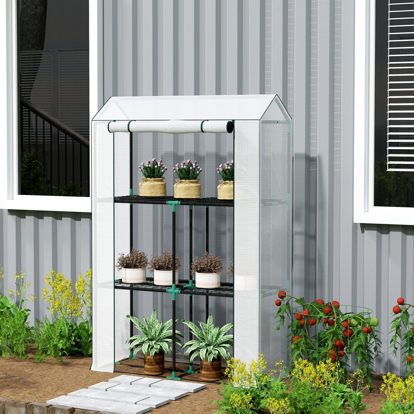 3 Tier Mini Greenhouse with Reinforced PE Cover, Portable Small Greenhouse with Roll-Up Door, 100 x 40 x 150cm, White