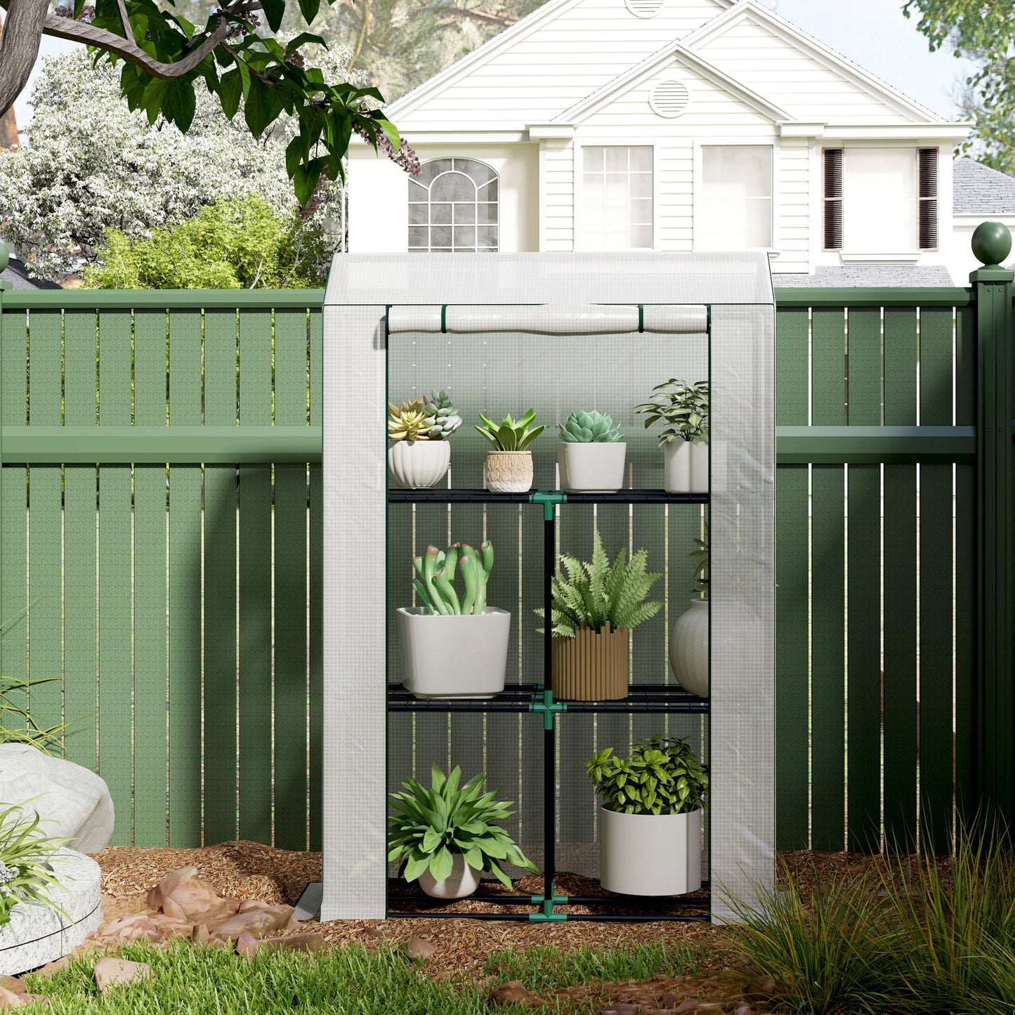 3 Tier Mini Greenhouse with Reinforced PE Cover, Portable Small Greenhouse with Roll-Up Door, 100 x 40 x 150cm, White