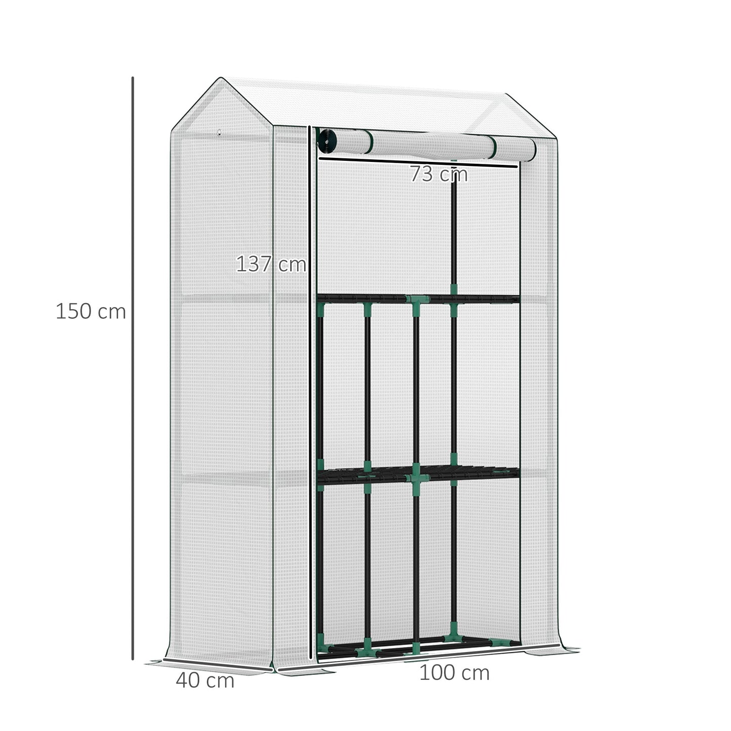 3 Tier Mini Greenhouse with Reinforced PE Cover, Portable Small Greenhouse with Roll-Up Door, 100 x 40 x 150cm, White
