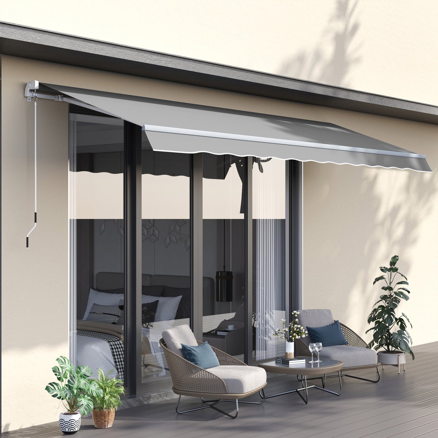 3 x 2m Manual Window Awning Canopy Garden Outdoor Shelter Patio Sun Shade UV Blocker Light Weight Aluminium Frame w/ Hand Crank Light Grey