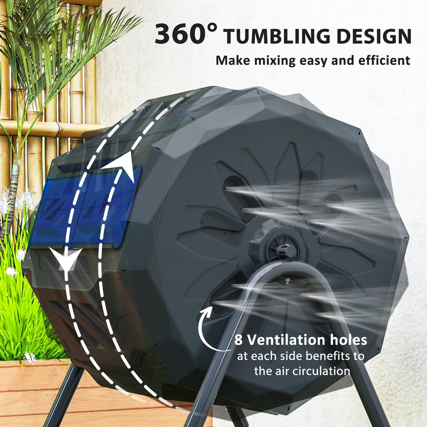 160L Tumbling Compost Bin Outdoor Dual Chamber 360° Rotating Composter, Garden Compost Bin w/ Sliding Doors & Solid Steel Frame, Blue