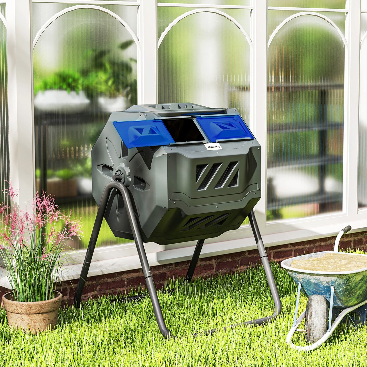160L Tumbling Compost Bin Outdoor Dual Chamber 360° Rotating Composter, Garden Compost Bin w/ Sliding Doors & Solid Steel Frame, Blue