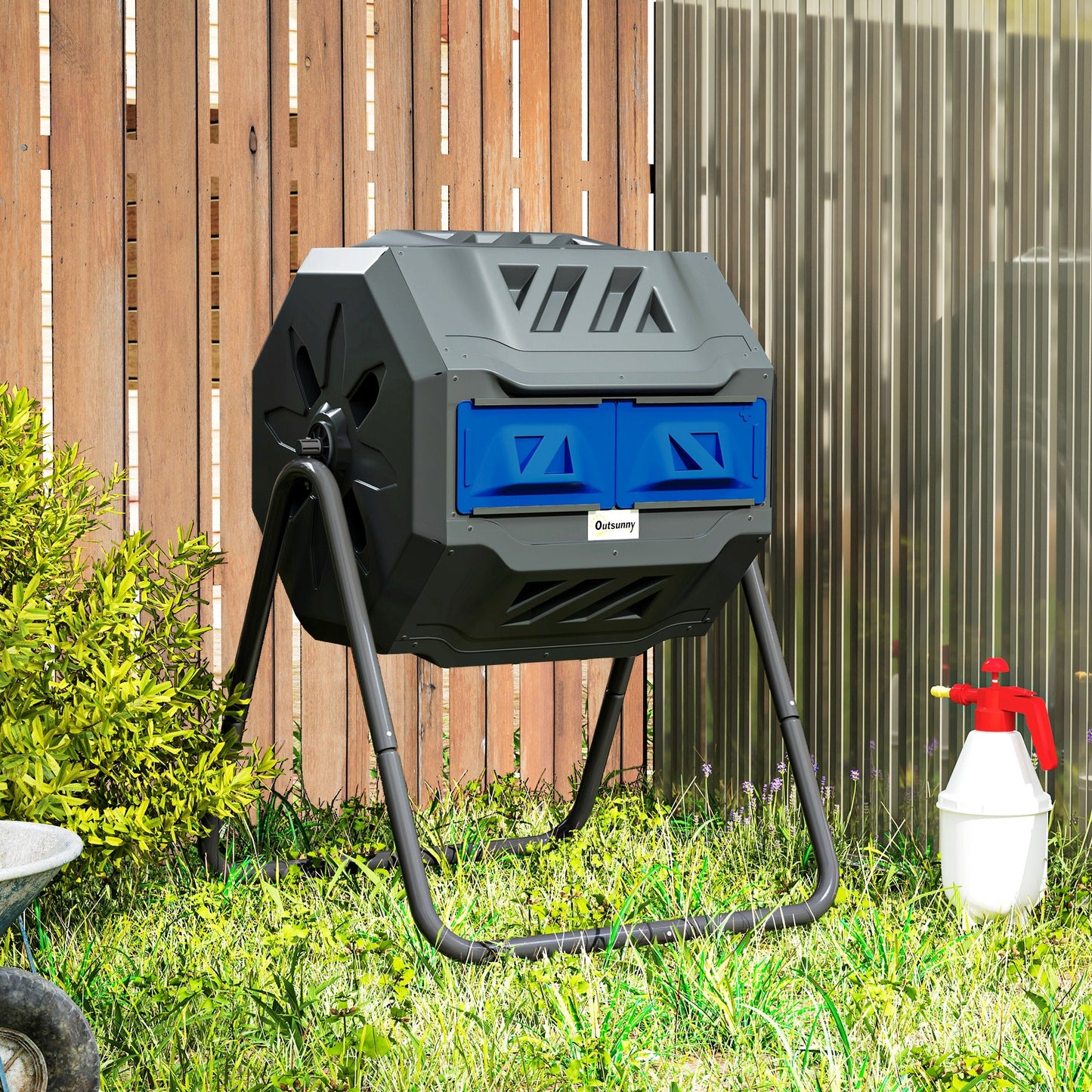 160L Tumbling Compost Bin Outdoor Dual Chamber 360° Rotating Composter, Garden Compost Bin w/ Sliding Doors & Solid Steel Frame, Blue
