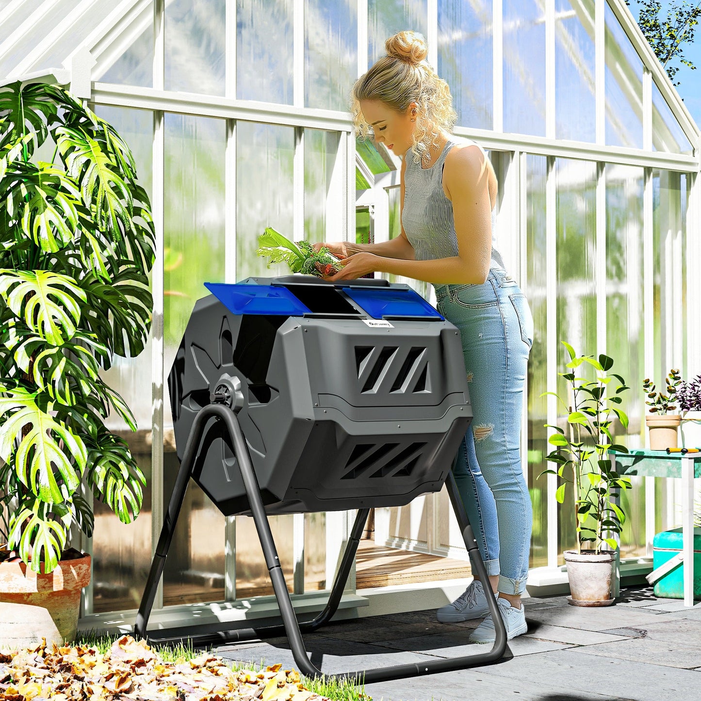 160L Tumbling Compost Bin Outdoor Dual Chamber 360° Rotating Composter, Garden Compost Bin w/ Sliding Doors & Solid Steel Frame, Blue