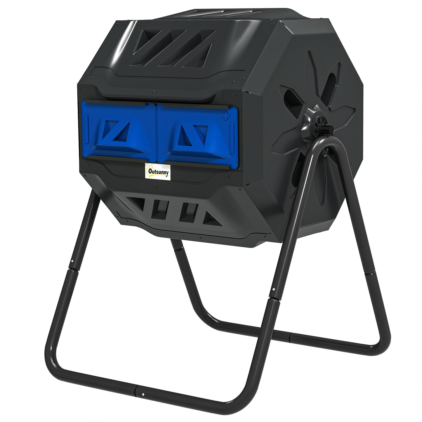 160L Tumbling Compost Bin Outdoor Dual Chamber 360° Rotating Composter, Garden Compost Bin w/ Sliding Doors & Solid Steel Frame, Blue