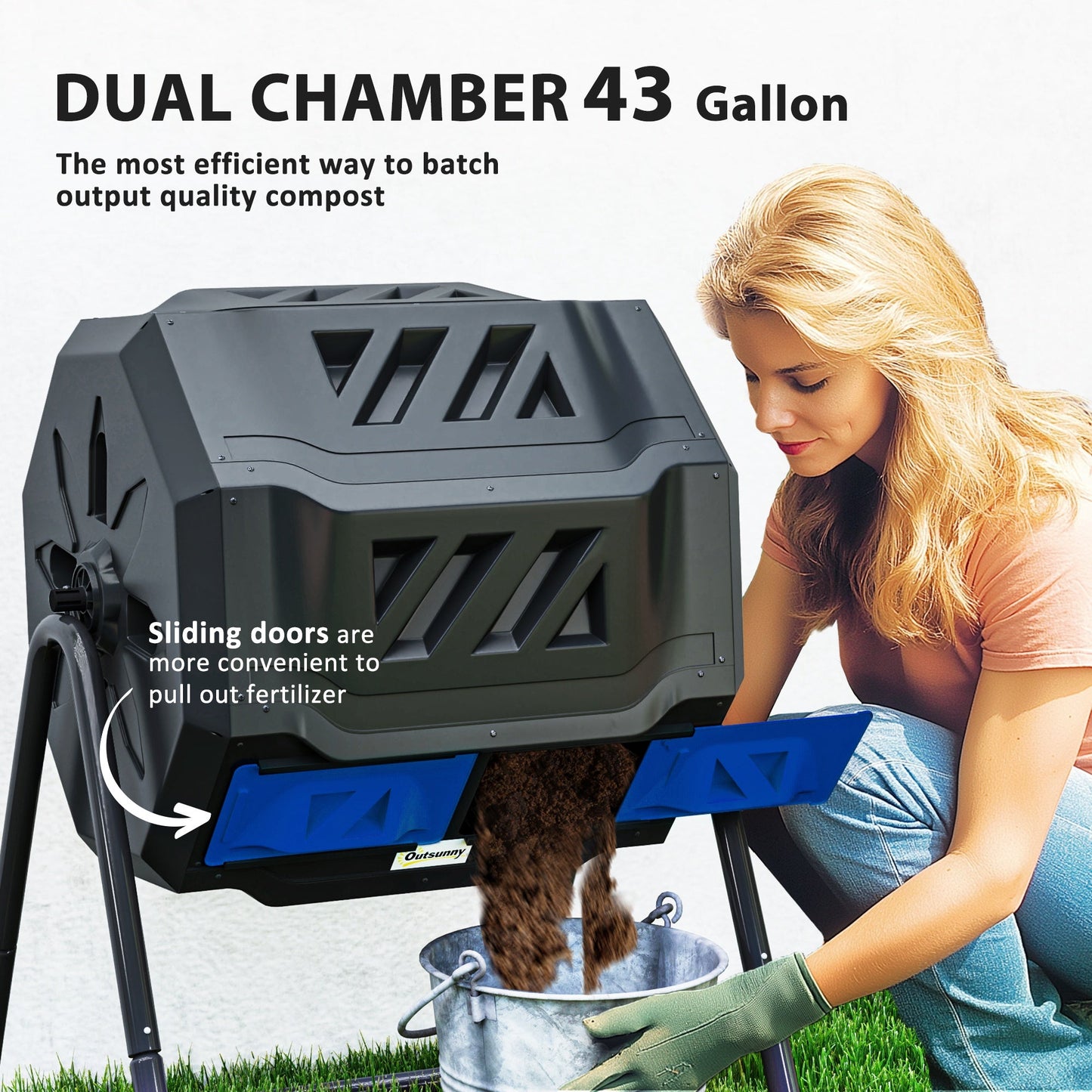 160L Tumbling Compost Bin Outdoor Dual Chamber 360° Rotating Composter, Garden Compost Bin w/ Sliding Doors & Solid Steel Frame, Blue