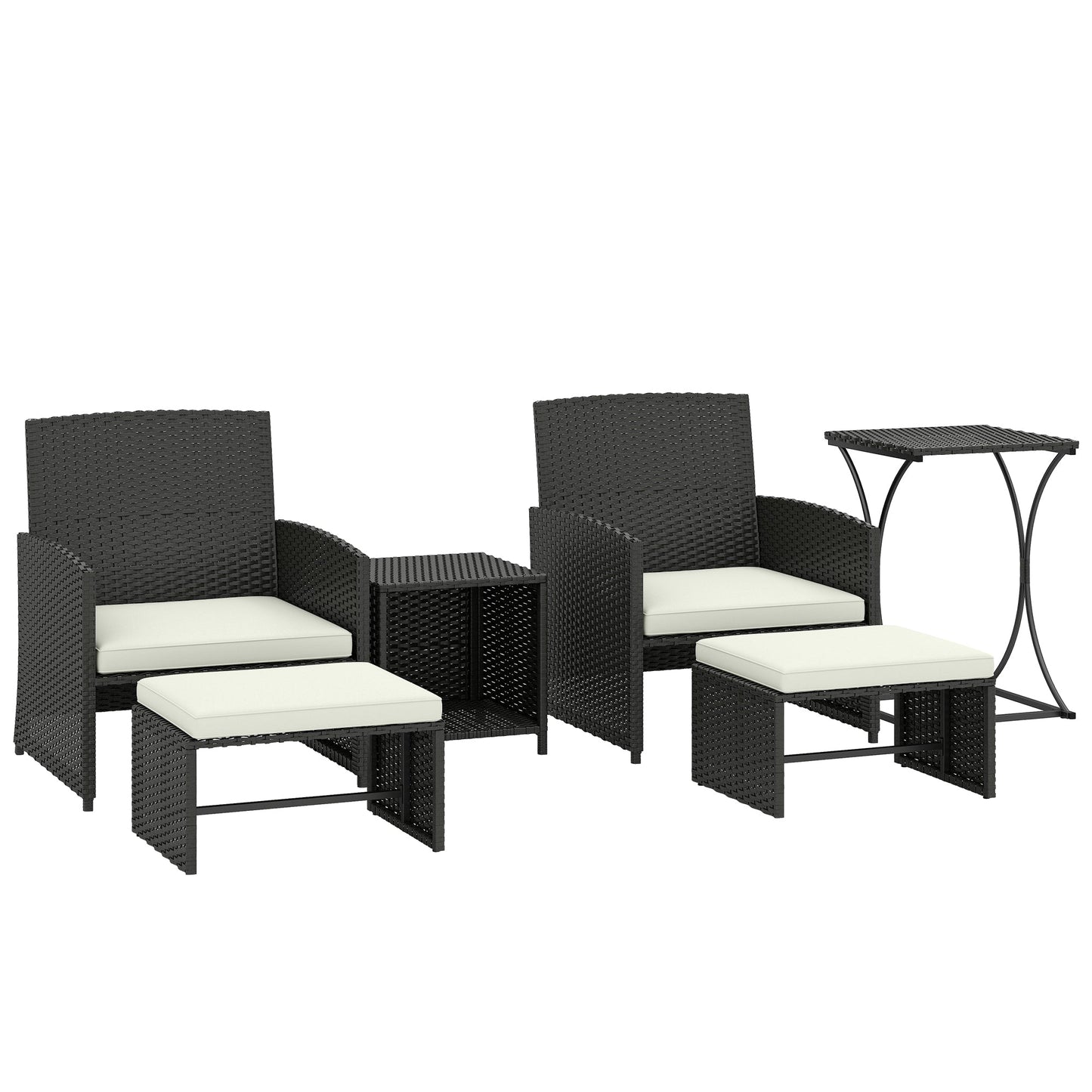 6 Piece Rattan Garden Furniture Set, Space-Saving Patio Furniture Conversation Set with 2 Nesting Tables, 2 Chairs, 2 Footstools, Wicker Outdoor Sofa with Cushions for Balcony Porch, Black