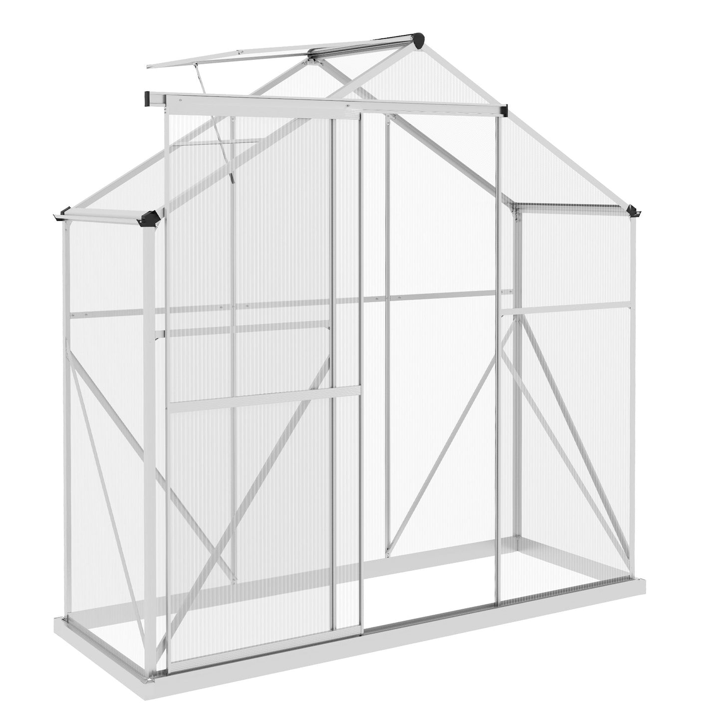 6 x 2.5ft Polycarbonate Greenhouse, Walk-In Green House with Sliding Door, 5-Level Roof Vent, Rain Gutter, Garden Plants Grow House with Aluminium Frame and Foundation, Silver