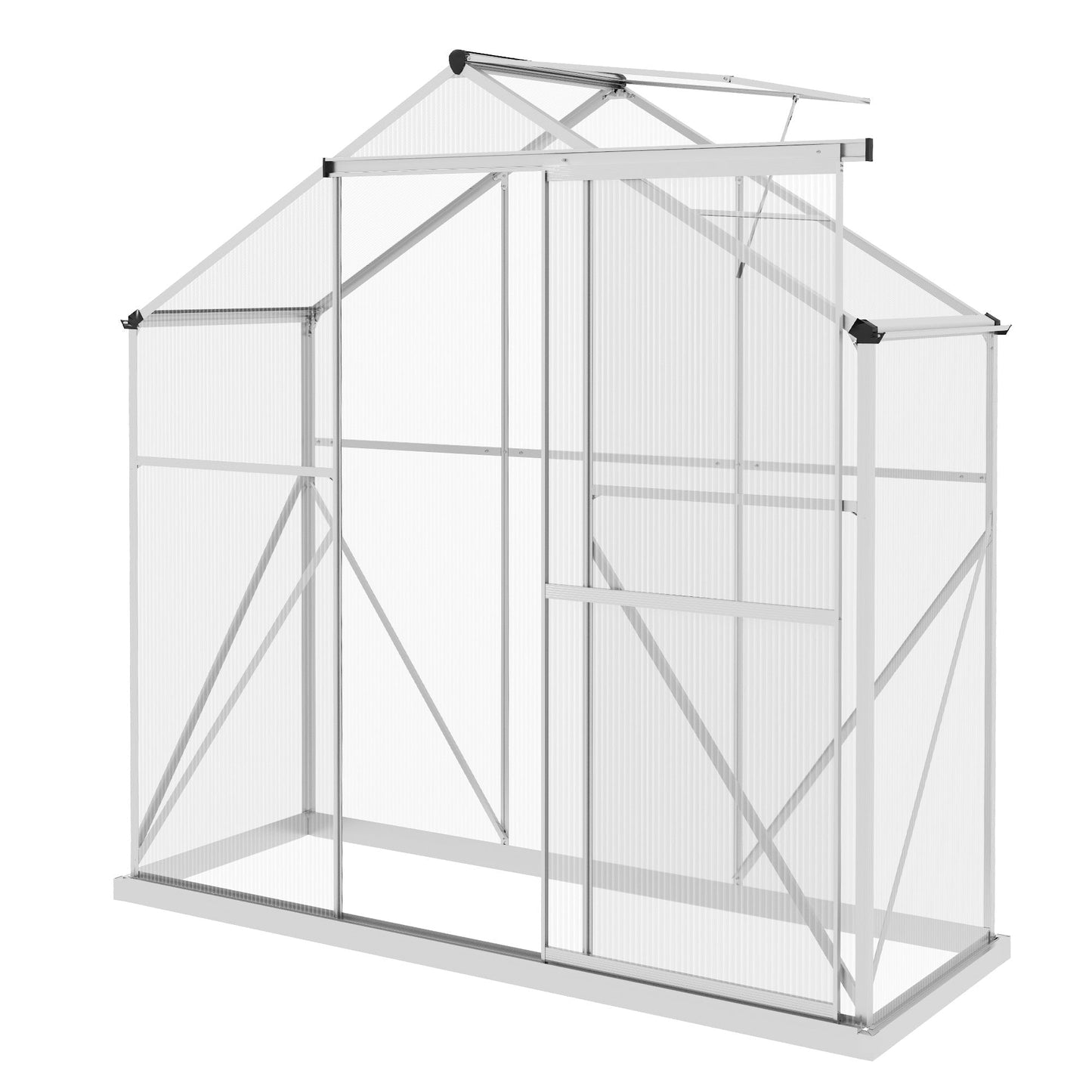 6 x 2.5ft Polycarbonate Greenhouse, Walk-In Green House with Sliding Door, 5-Level Roof Vent, Rain Gutter, Garden Plants Grow House with Aluminium Frame and Foundation, Silver