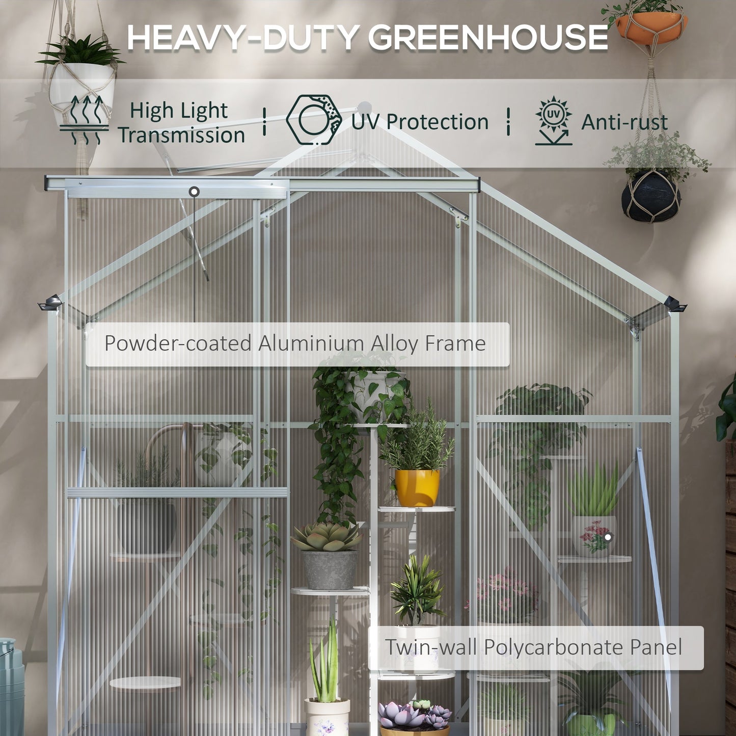 6 x 2.5ft Polycarbonate Greenhouse, Walk-In Green House with Sliding Door, 5-Level Roof Vent, Rain Gutter, Garden Plants Grow House with Aluminium Frame and Foundation, Silver
