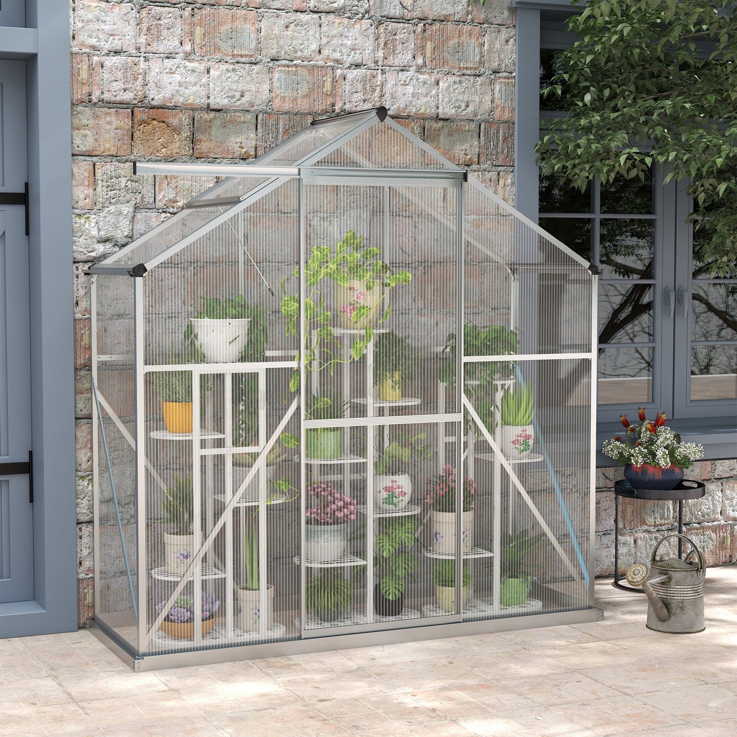 6 x 2.5ft Polycarbonate Greenhouse, Walk-In Green House with Sliding Door, 5-Level Roof Vent, Rain Gutter, Garden Plants Grow House with Aluminium Frame and Foundation, Silver
