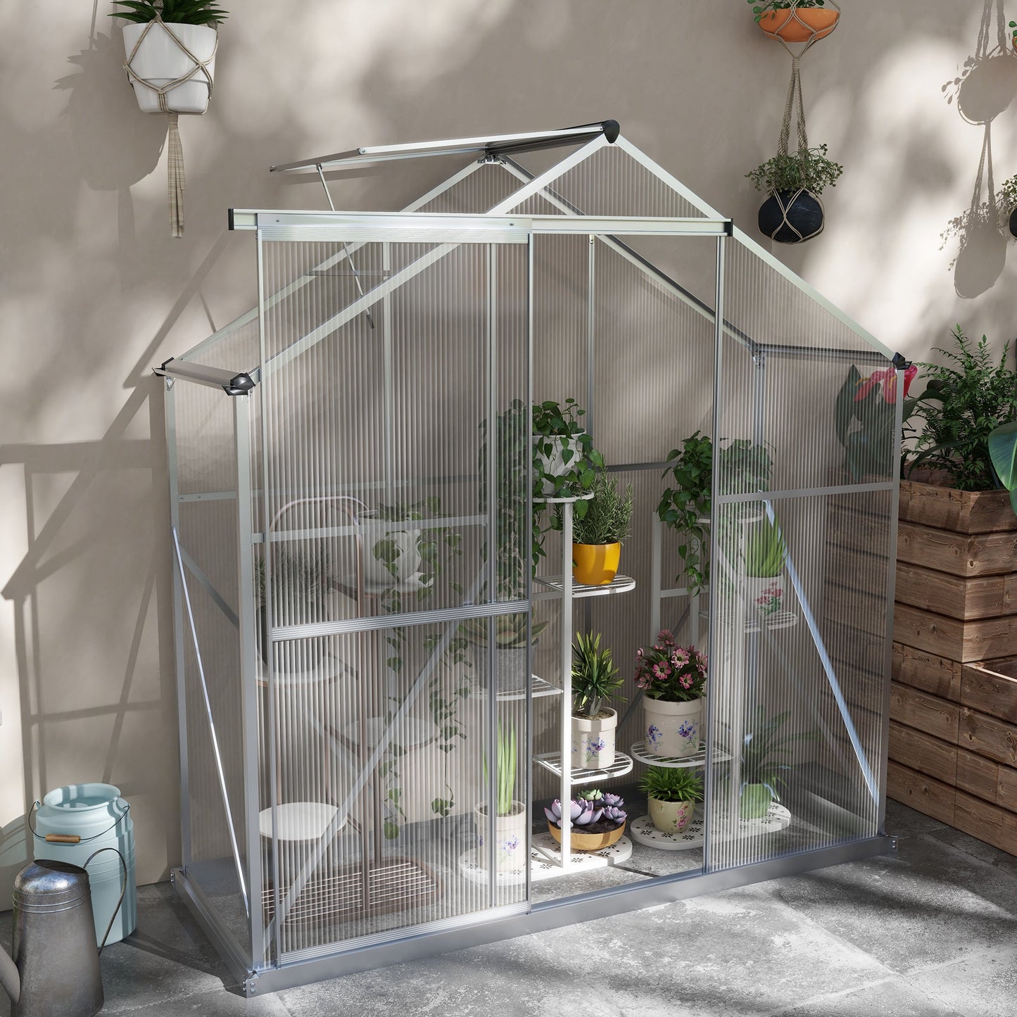 6 x 2.5ft Polycarbonate Greenhouse, Walk-In Green House with Sliding Door, 5-Level Roof Vent, Rain Gutter, Garden Plants Grow House with Aluminium Frame and Foundation, Silver