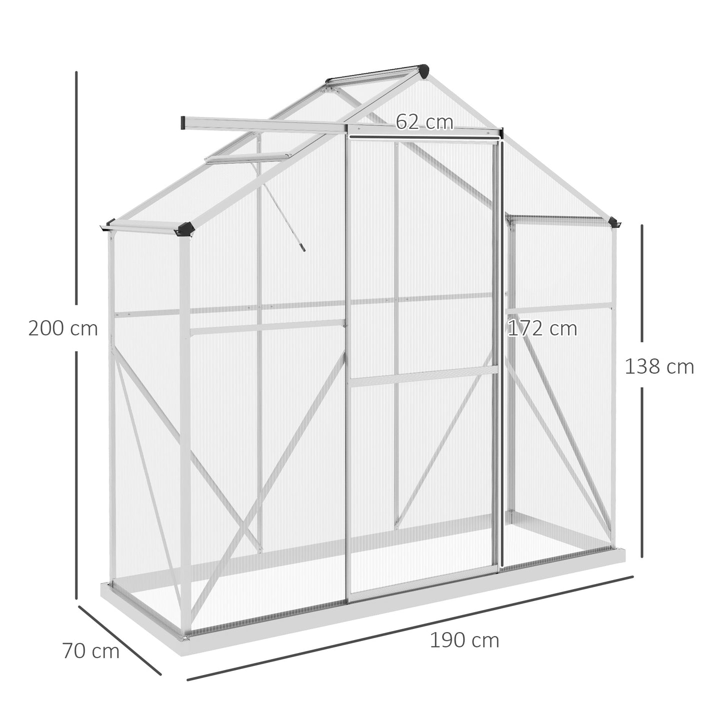 6 x 2.5ft Polycarbonate Greenhouse, Walk-In Green House with Sliding Door, 5-Level Roof Vent, Rain Gutter, Garden Plants Grow House with Aluminium Frame and Foundation, Silver