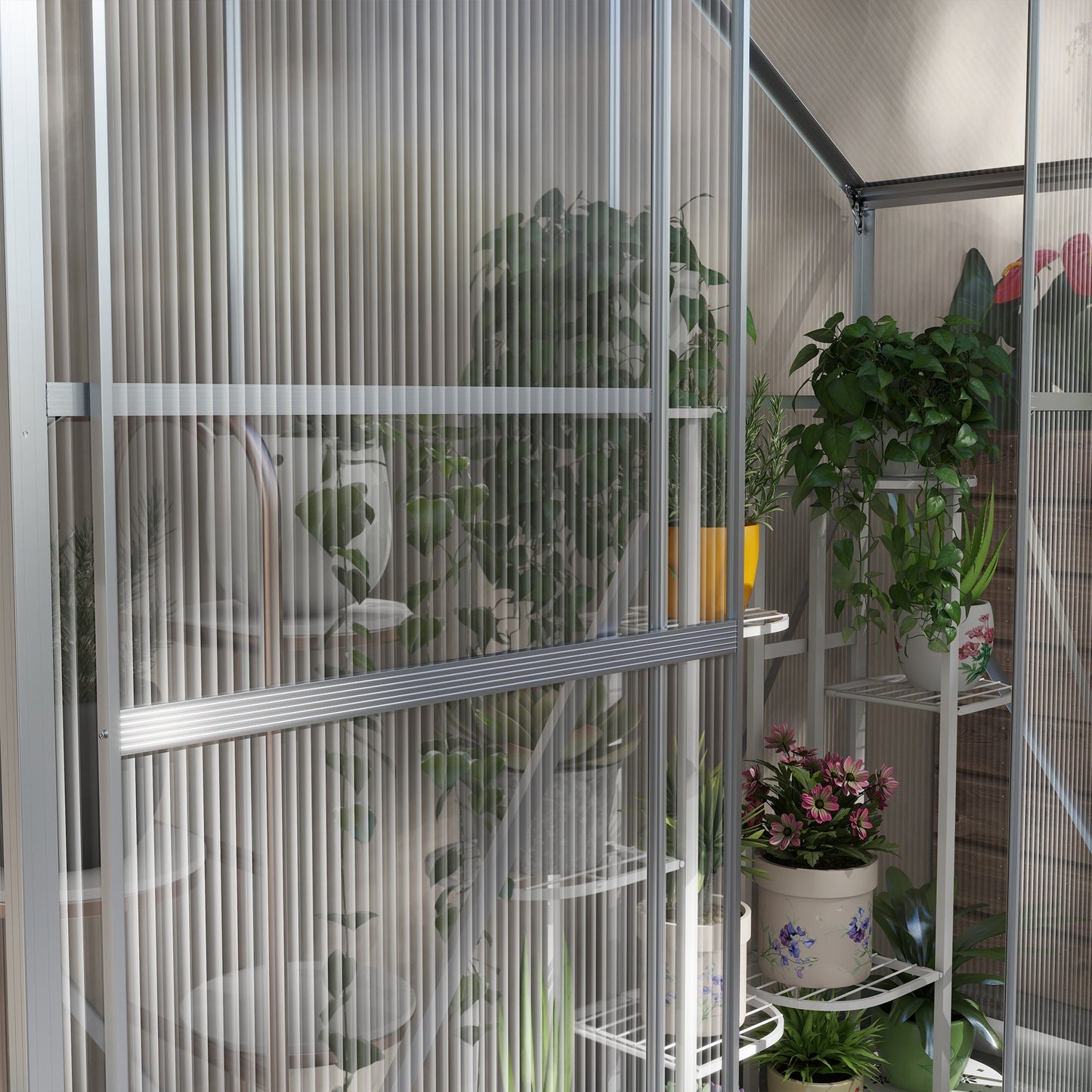 6 x 2.5ft Polycarbonate Greenhouse, Walk-In Green House with Sliding Door, 5-Level Roof Vent, Rain Gutter, Garden Plants Grow House with Aluminium Frame and Foundation, Silver