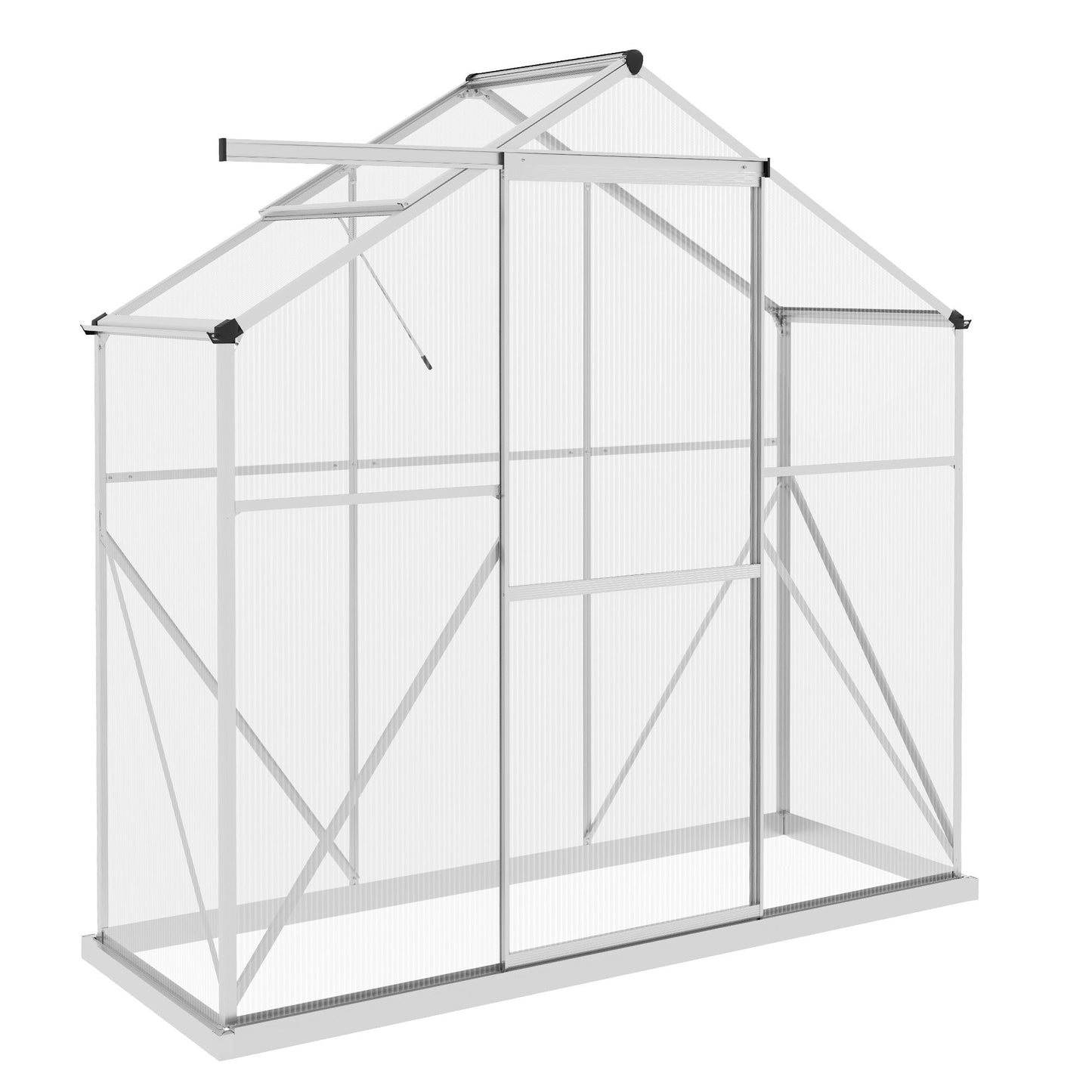 6 x 2.5ft Polycarbonate Greenhouse, Walk-In Green House with Sliding Door, 5-Level Roof Vent, Rain Gutter, Garden Plants Grow House with Aluminium Frame and Foundation, Silver