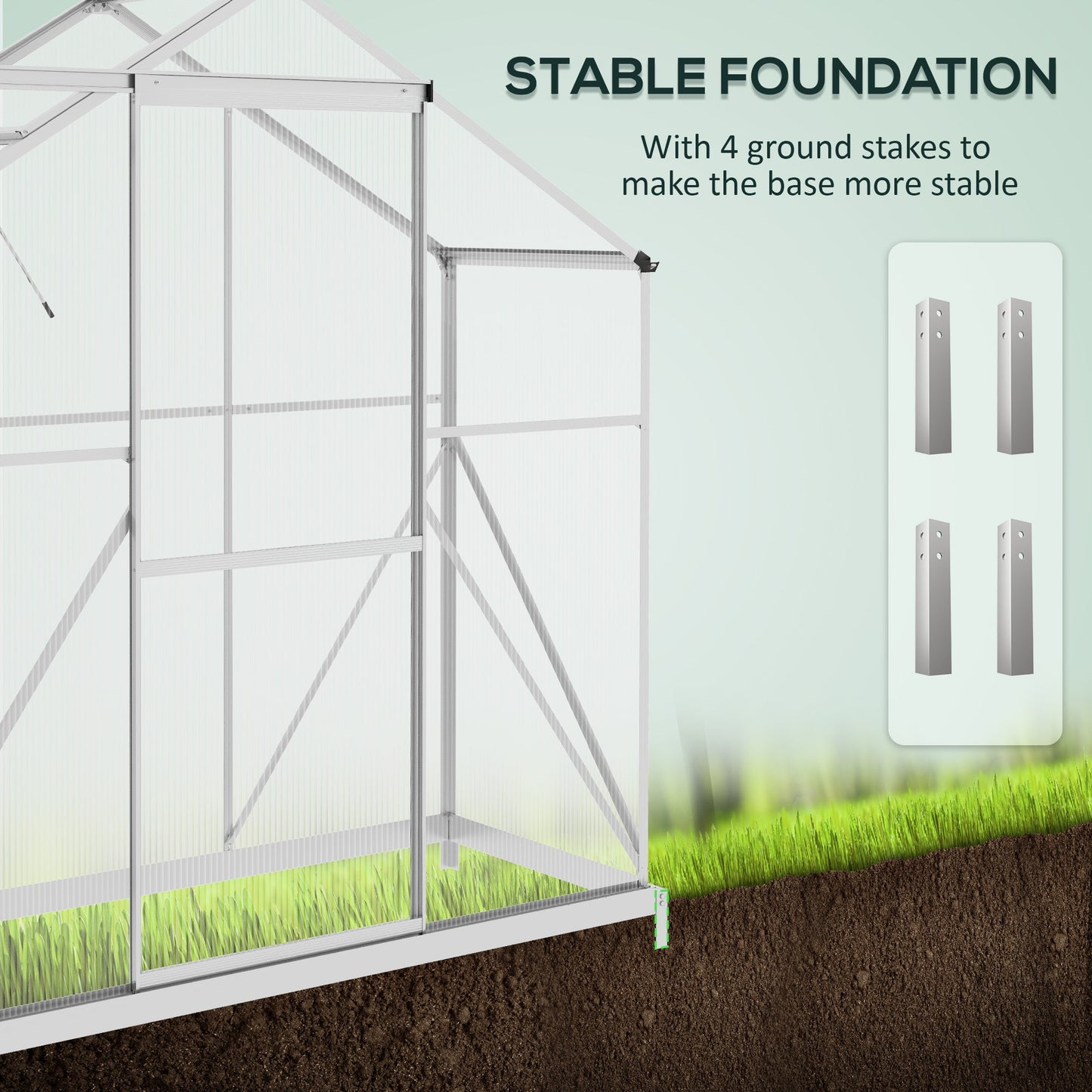 6 x 2.5ft Polycarbonate Greenhouse, Walk-In Green House with Sliding Door, 5-Level Roof Vent, Rain Gutter, Garden Plants Grow House with Aluminium Frame and Foundation, Silver