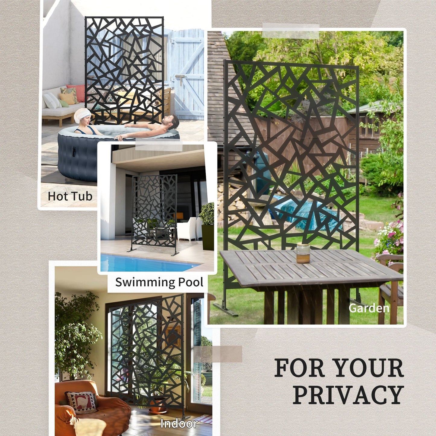 Decorative Garden Privacy Screen with Stand, 6.5FT Freestanding Metal Outdoor Divider, Decorative Privacy Panel with Expansion Screws for Garden Pool Hot Tub, Irregular Figure Style, Black