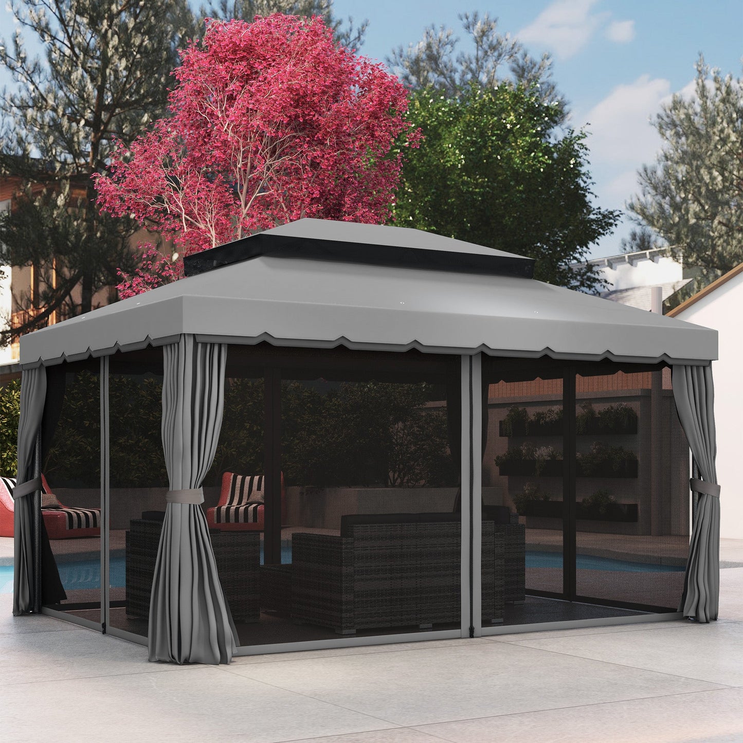 3 x 4m Aluminium Garden Gazebo, Marquee Canopy Shelter Pavilion Party Tent with Nets and Curtains for Garden and Deck, Light Grey