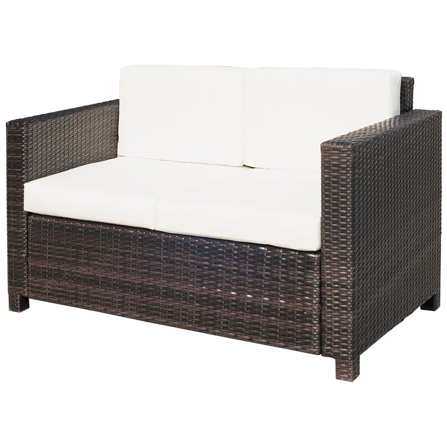 Rattan Sofa, 2 Seater Garden Furniture with Soft Padded Cushion and Armrests, Wicker Garden Loveseat for Patio, Mixed Brown