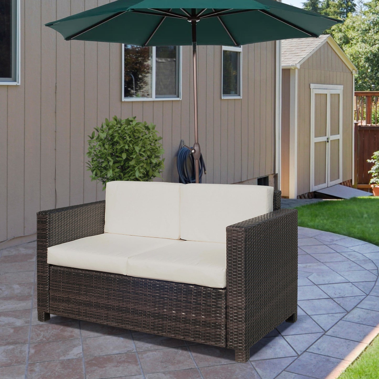 Rattan Sofa, 2 Seater Garden Furniture with Soft Padded Cushion and Armrests, Wicker Garden Loveseat for Patio, Mixed Brown