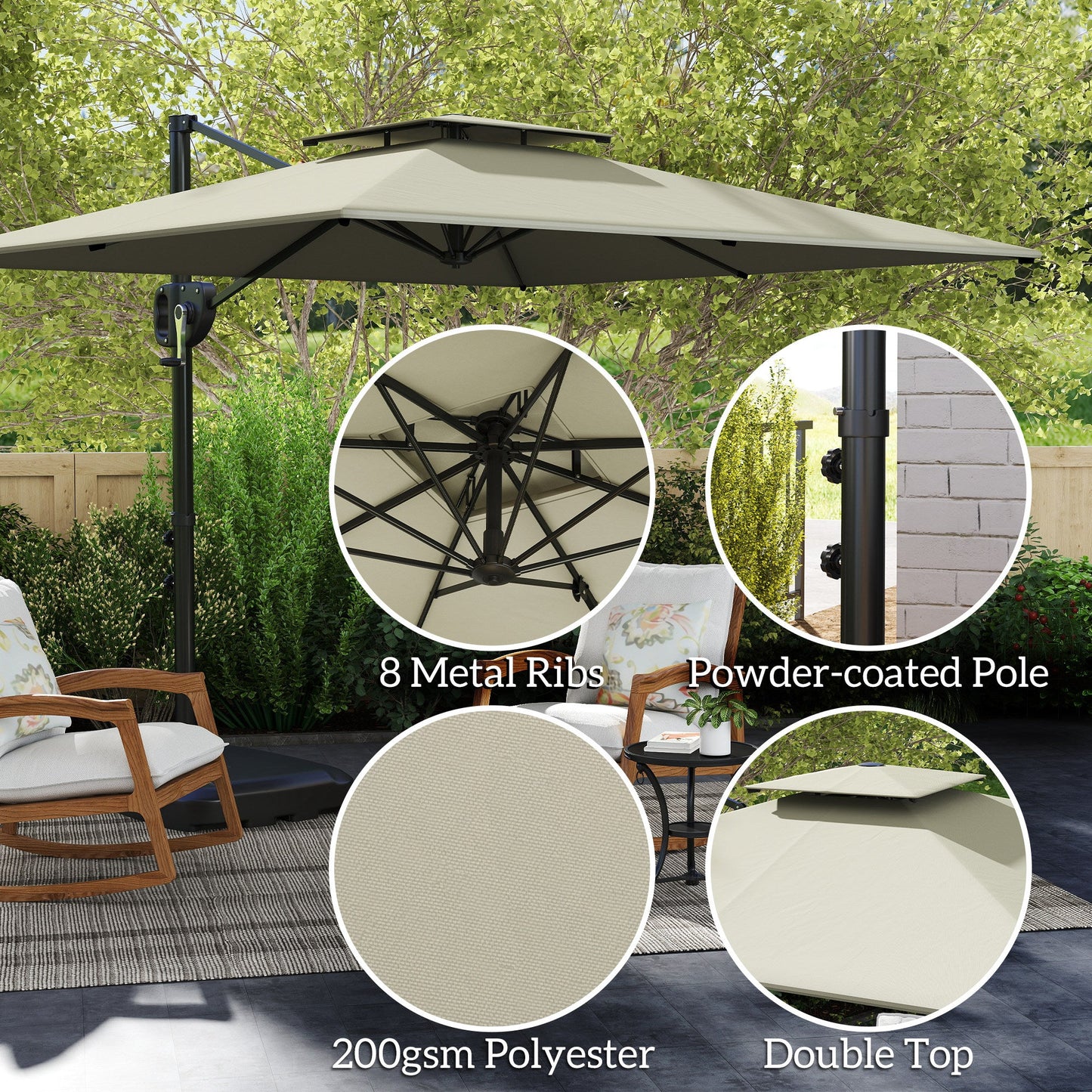 2.5m Garden Cantilever Parasol with Fillable Base, Up to 40kg, Double Top Garden Parasol, Square Overhanging Patio Umbrella with Crank Handle and Tilt for Outdoor Sun Shade, Light Grey