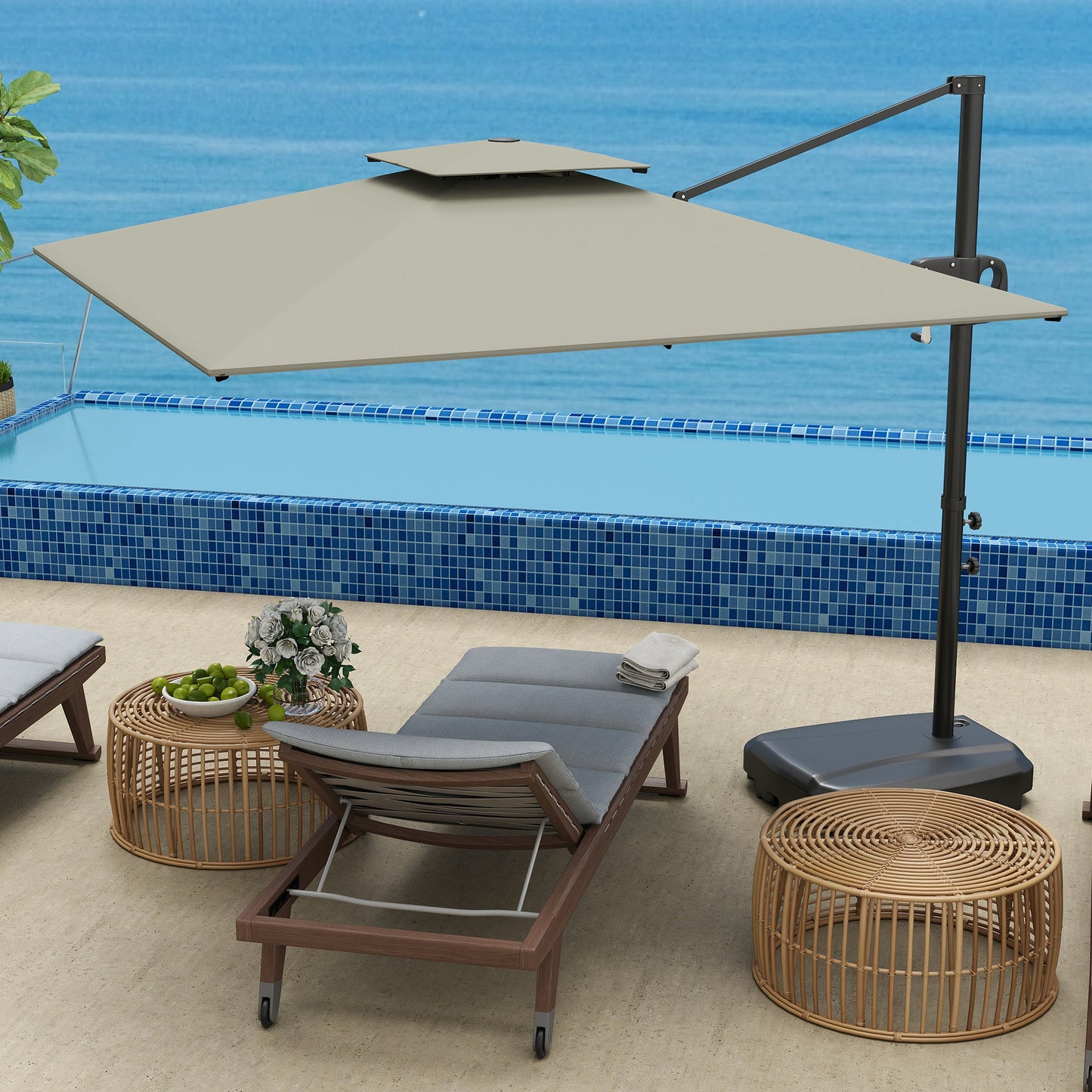 2.5m Garden Cantilever Parasol with Fillable Base, Up to 40kg, Double Top Garden Parasol, Square Overhanging Patio Umbrella with Crank Handle and Tilt for Outdoor Sun Shade, Light Grey
