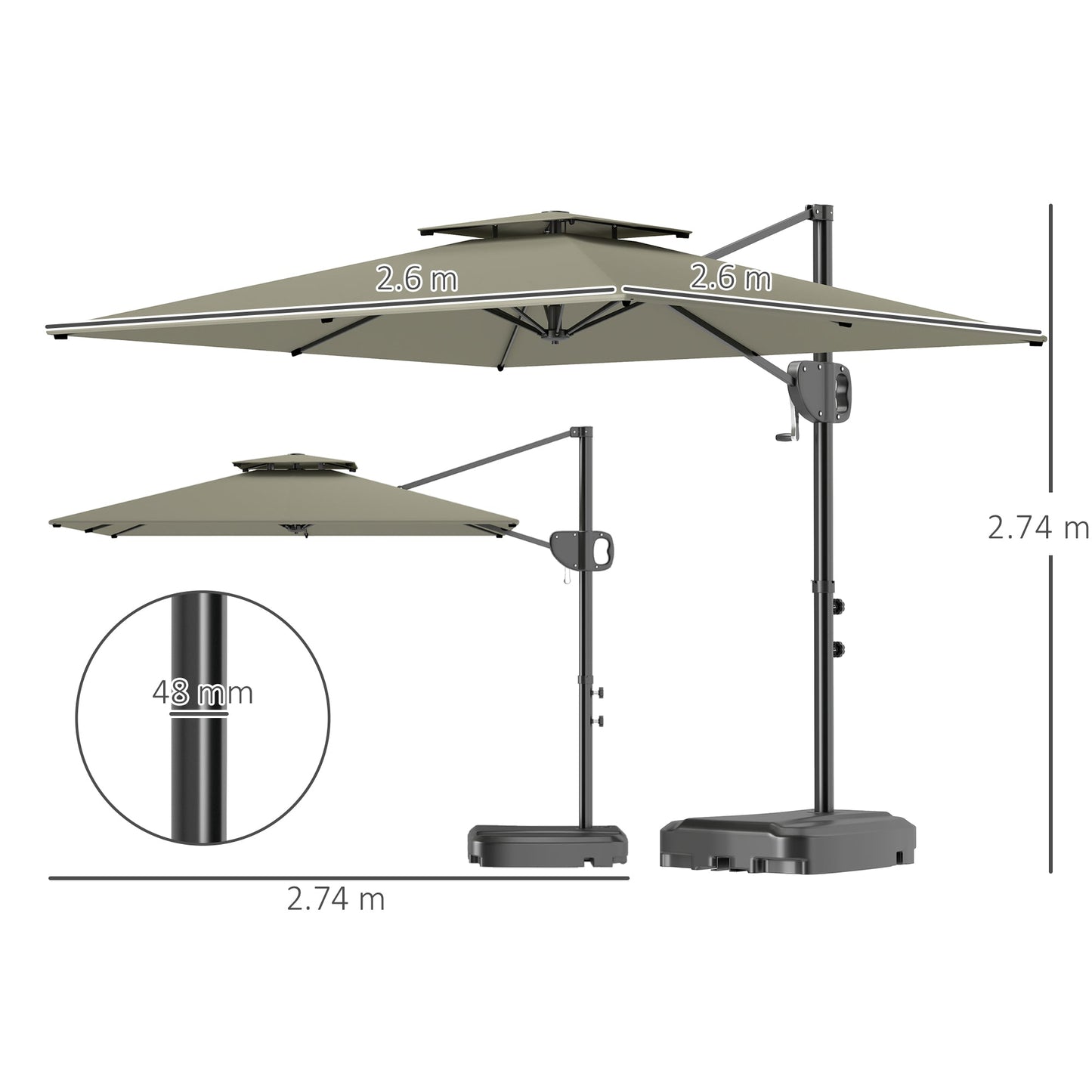 2.5m Garden Cantilever Parasol with Fillable Base, Up to 40kg, Double Top Garden Parasol, Square Overhanging Patio Umbrella with Crank Handle and Tilt for Outdoor Sun Shade, Light Grey