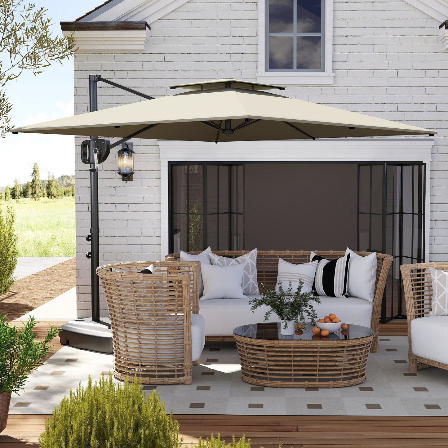 2.5m Garden Cantilever Parasol with Fillable Base, Up to 40kg, Double Top Garden Parasol, Square Overhanging Patio Umbrella with Crank Handle and Tilt for Outdoor Sun Shade, Light Grey
