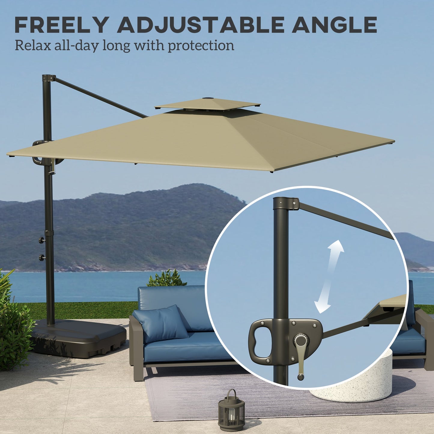 2.5m Garden Cantilever Parasol with Fillable Base, Up to 40kg, Double Top Garden Parasol, Square Overhanging Patio Umbrella with Crank Handle and Tilt for Outdoor Sun Shade, Light Grey