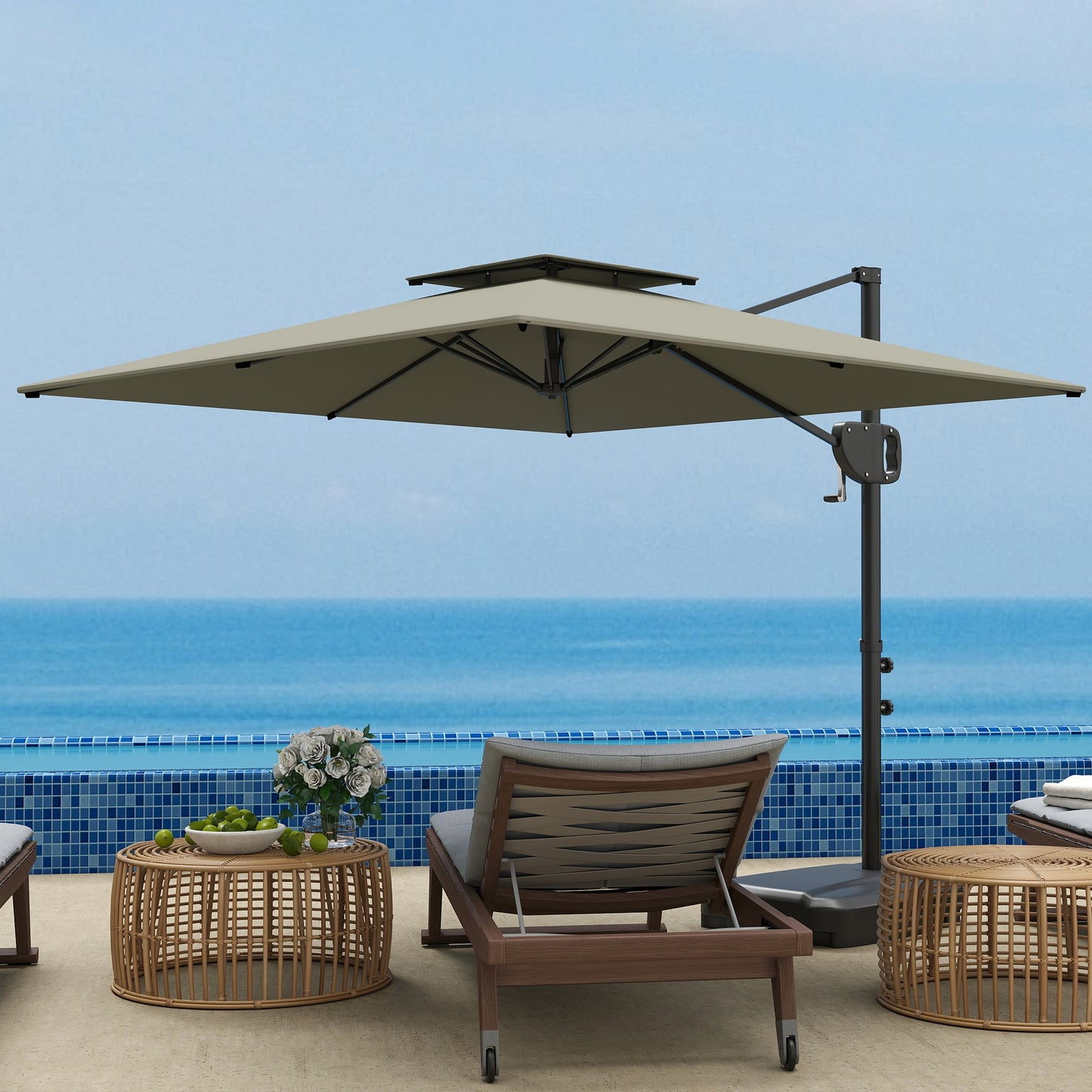 2.5m Garden Cantilever Parasol with Fillable Base, Up to 40kg, Double Top Garden Parasol, Square Overhanging Patio Umbrella with Crank Handle and Tilt for Outdoor Sun Shade, Light Grey